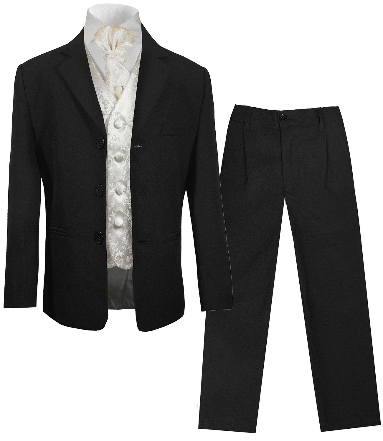 Paul Malone Kinderanzug 5-teilig Festlicher schwarzer Anzug für Jungen Kommunionanzug (Set, 5-tlg., mit Sakko, Hose, Hemd, Weste und Plastron) ivory, KA20KV41-Plastron, 86/92 (1 Jahr)