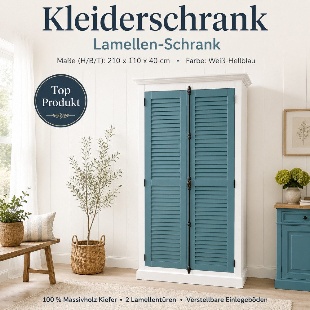 Wohnpalast Wäscheschrank Kleiderschrank 110 cm Weiß-Hellblau – Massivholz Kiefer
