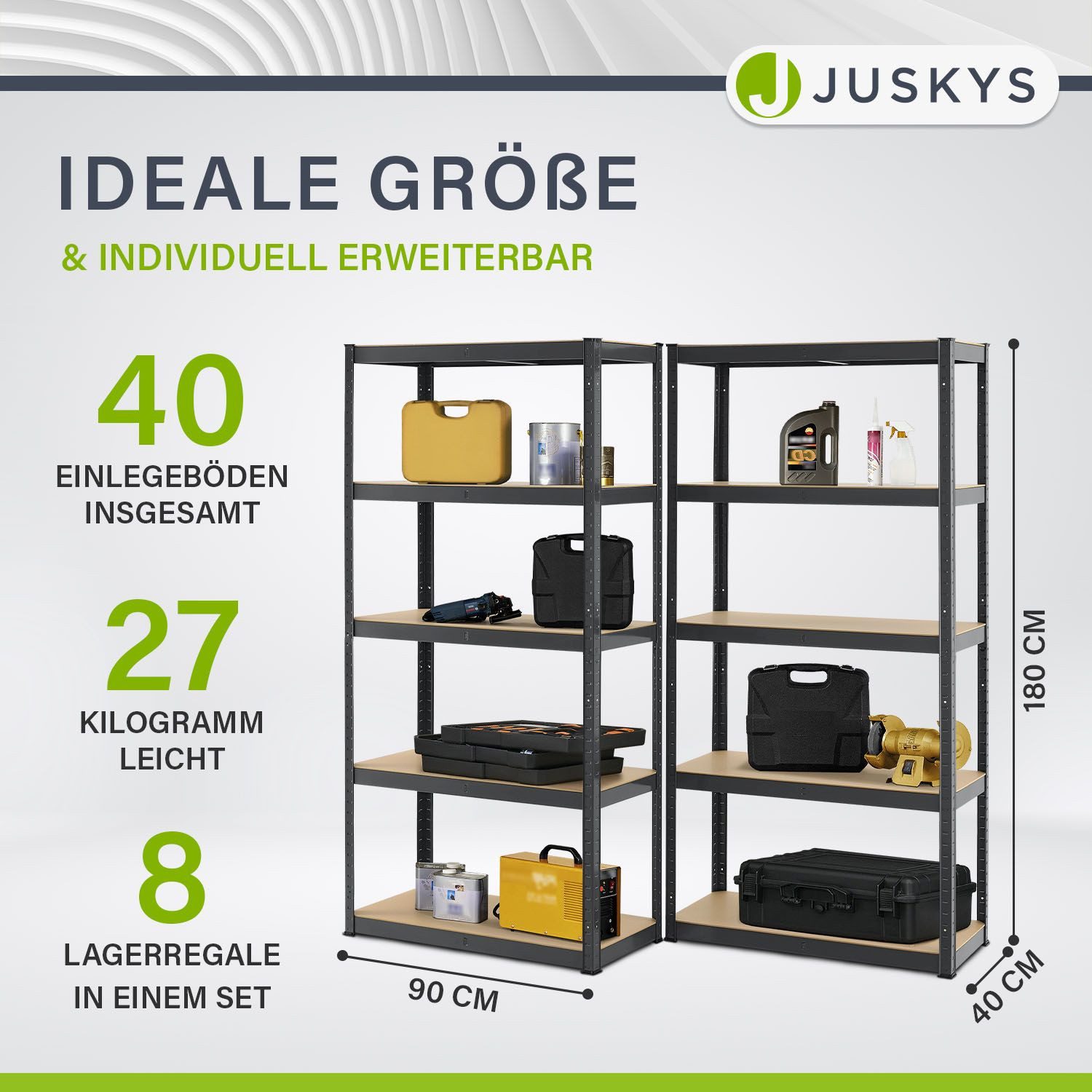 Juskys Schwerlastregal Basic, 8-tlg., Regalsystem mit 40 Einlegeböden, je 175 kg Traglast, Abstände wählbar