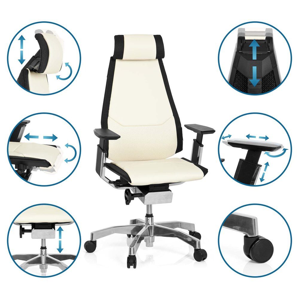 Schreibtischstuhl OFFICE mit GENIDIA St), Armlehnen Leder ergonomisch Bürostuhl PRO hjh Weiß/Schwarz (1 High End Drehstuhl