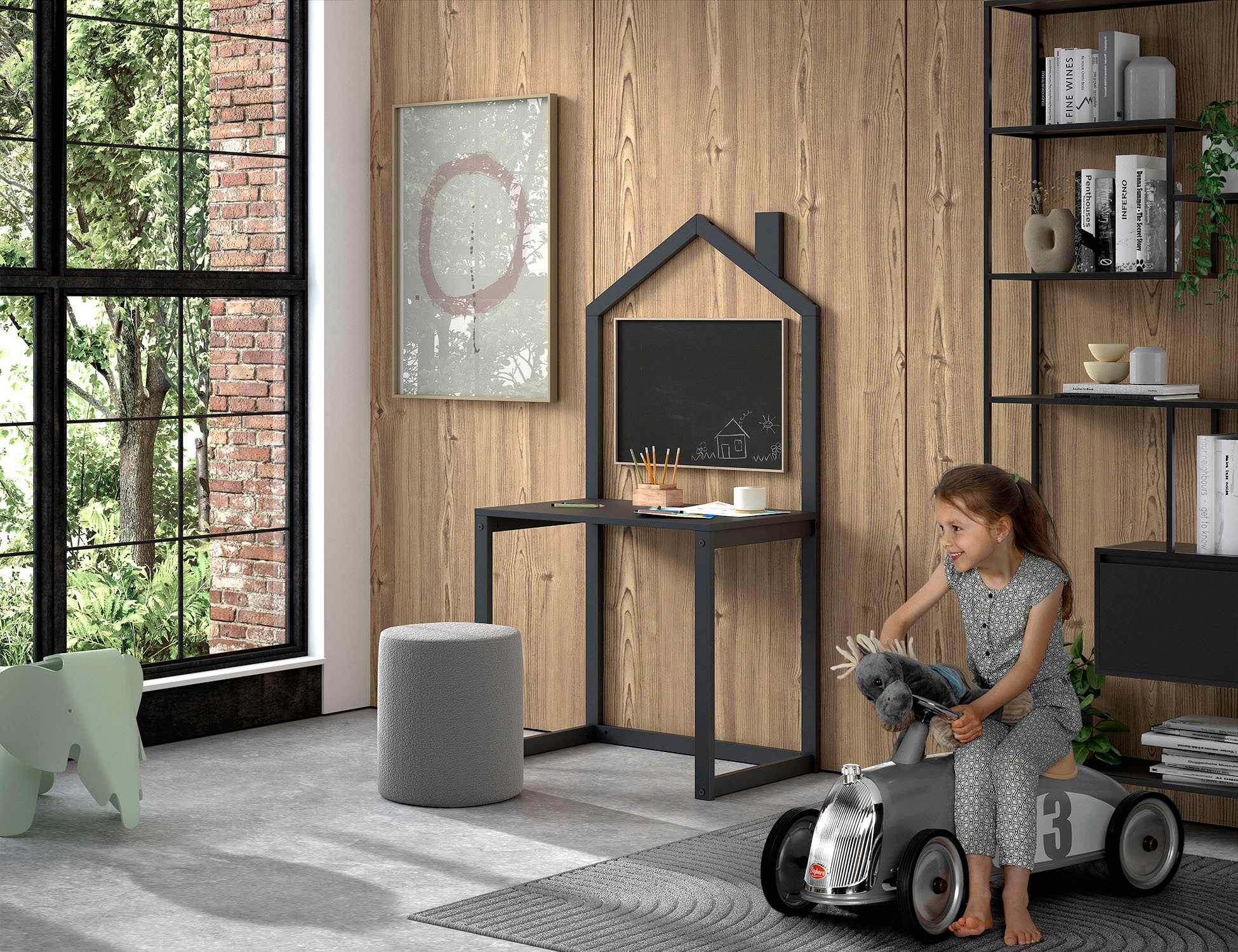 Vipack Kinderschreibtisch Dallas, Ausführung Kiefer massiv, stabil gebaut (B/H/T ca. 100x150,6x50cm, seitlich und nach hinten offen), mit Haus-Optik, große Arbeitsfläche, ideal für kleine Räume, 2 Farben