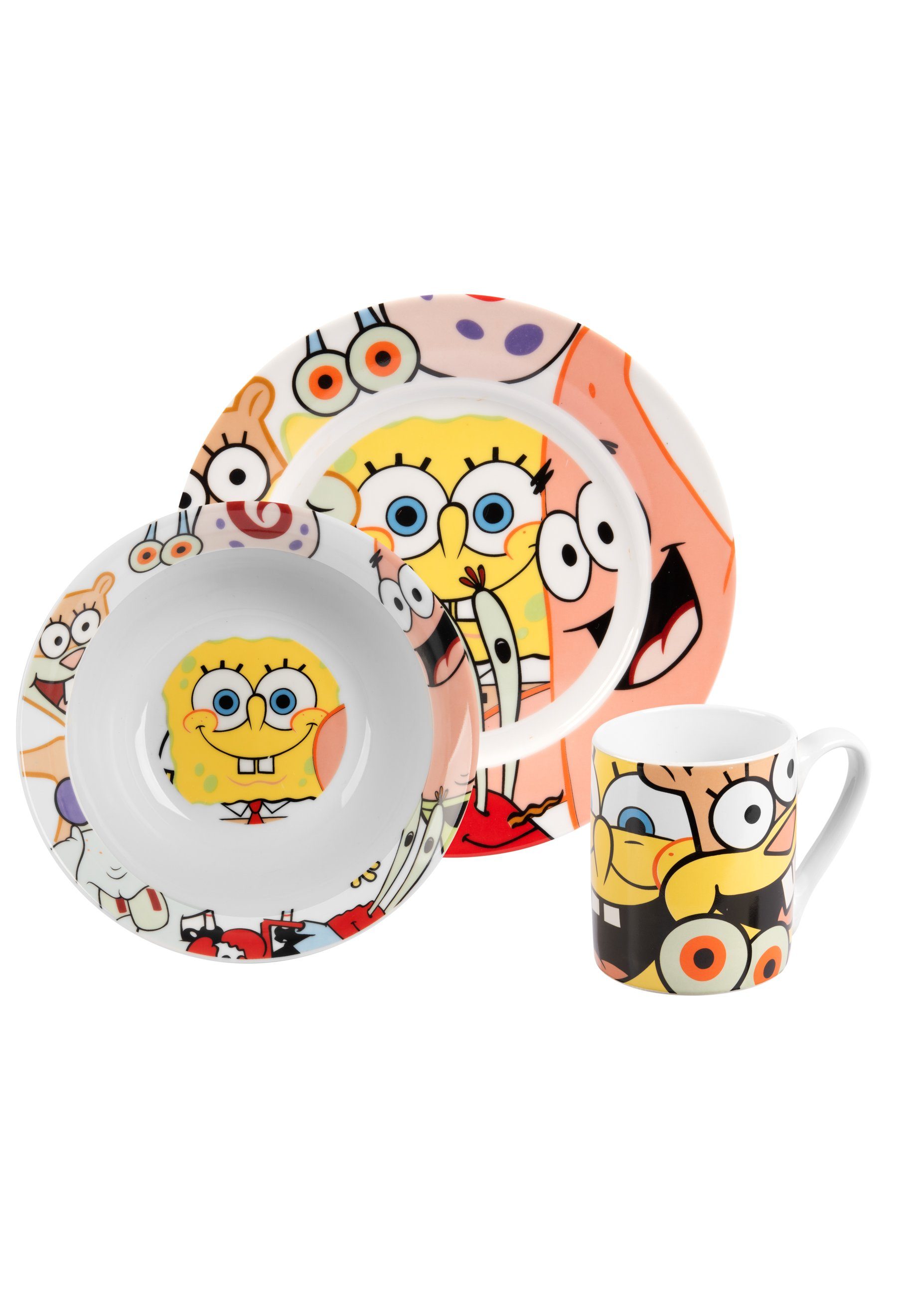 United Labels® Frühstücks-Geschirrset Spongebob Schwammkopf - allover - 3-tlg., 1 Personen, Porzellan