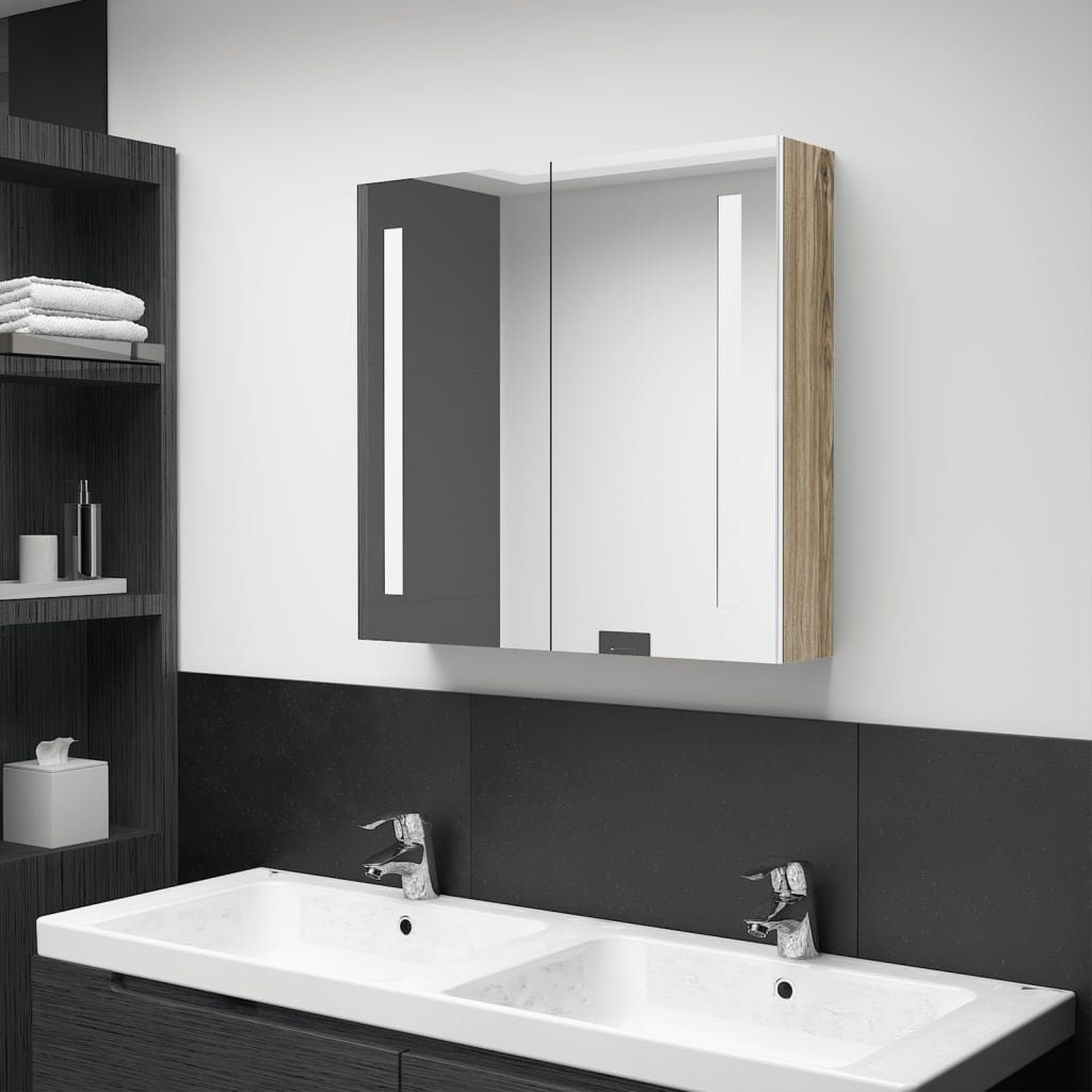 vidaXL Badezimmerspiegelschrank LED-Bad-Spiegelschrank Weiß und Eichen-Optik 62x14x60 cm (1-St) Weiß und Eichefarben | Spiegelschränke