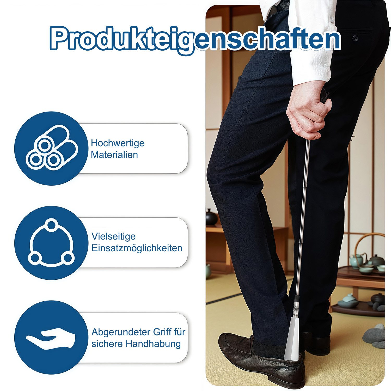 MOPUEA Schuhlöffel Schuhanzieher mit langem Griff 41cm bis78cm verstellbarer Expander (Set, 2-tlg., Einstellbare Länge für jeden Benutzer), Praktische Aufbewahr – Bild 4 von 5