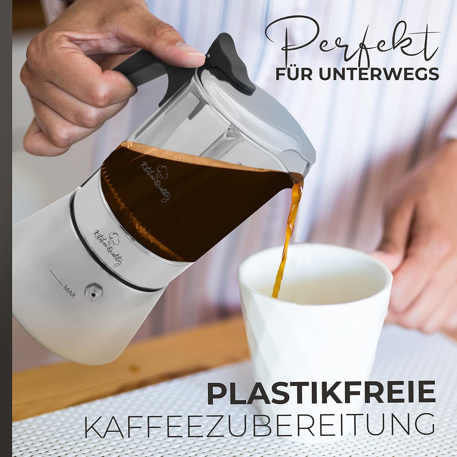 KitchenQuality Espressokocher, Langlebig, leicht zu reinigen, inkl. Portionierlöffel & Untersetzer