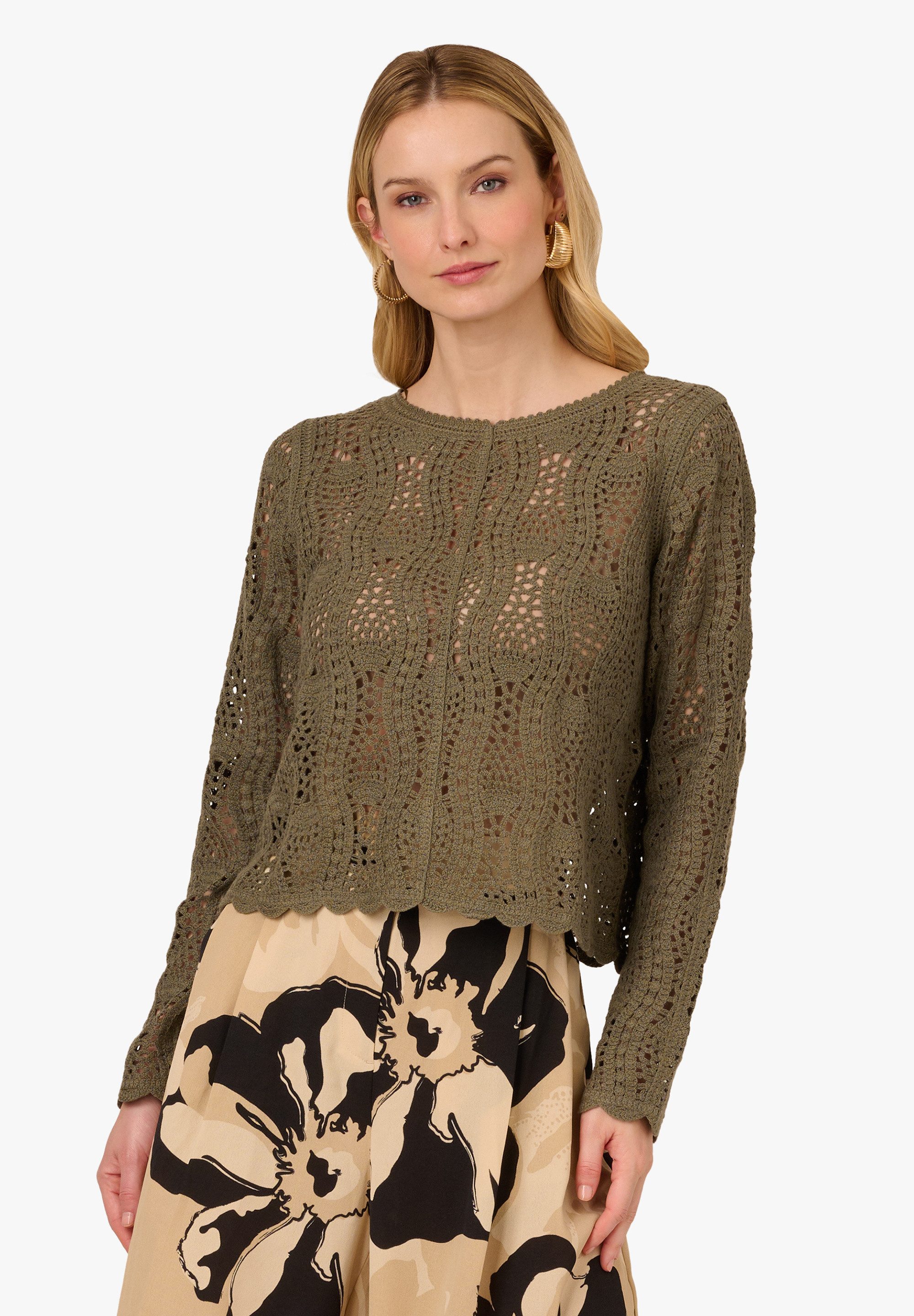 Strickpullover Bateau Neck Long Sleeve Crochet Scalloped Edge Sweater