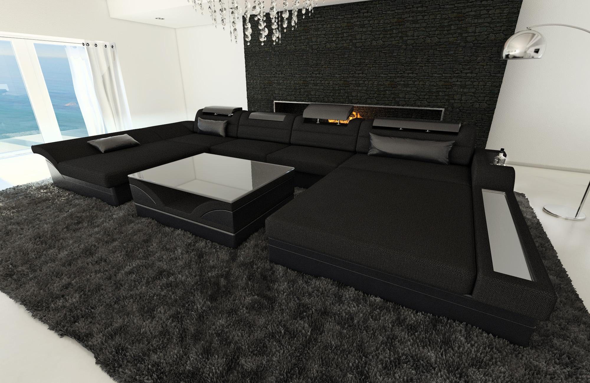 Wohnlandschaft Stoff Sofa LED, Stoffsofa, Form Couch Monza U Schwarz-Schwarz Dreams H14 mit ausziehbare Designersofa Bettfunktion, Polster