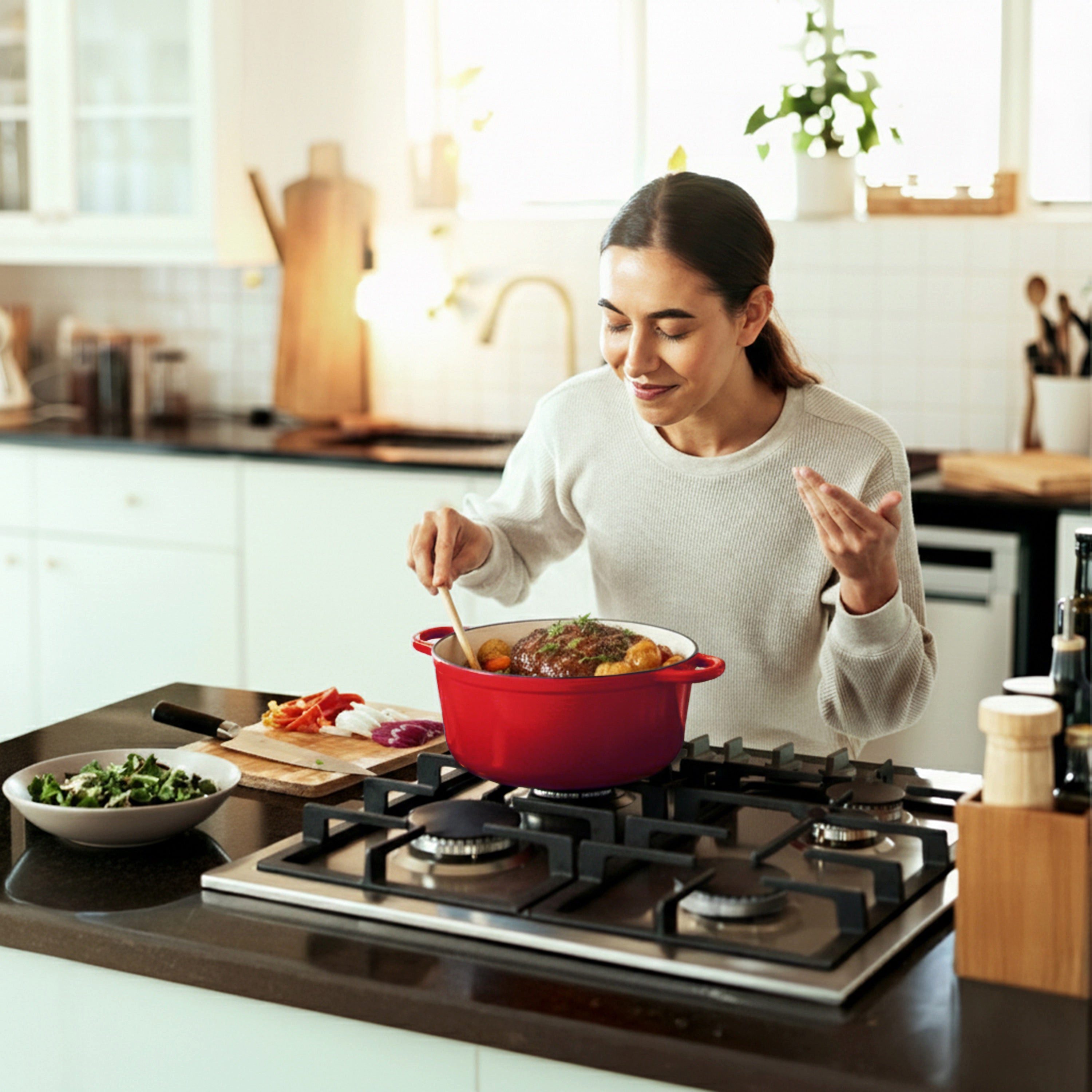 KLAMER Bräter Gusseisen Bräter 5 L, Gusseisen-Topf 25 cm backofengeeignet, Emaille …, Gusseisen, Exzellente Hitzeverteilung, Intensive Aromabildung, 5 Liter