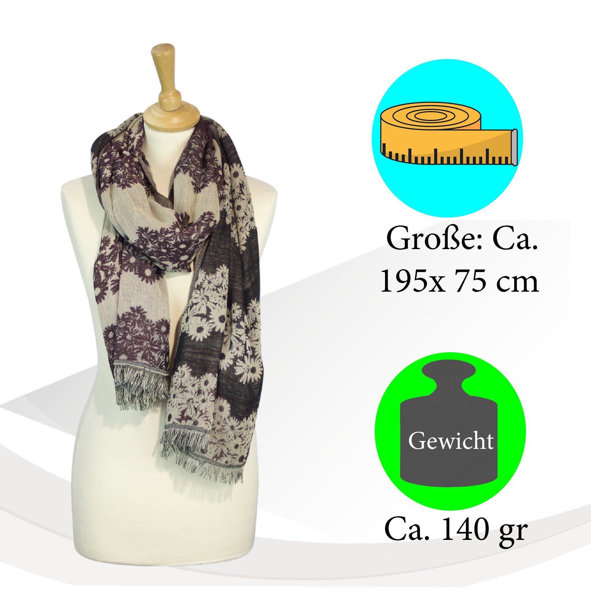 Sunsa Modeschal Winterschal aus 60% Baumwolle/40% Viskose mit Blumen Design, Blumen Design