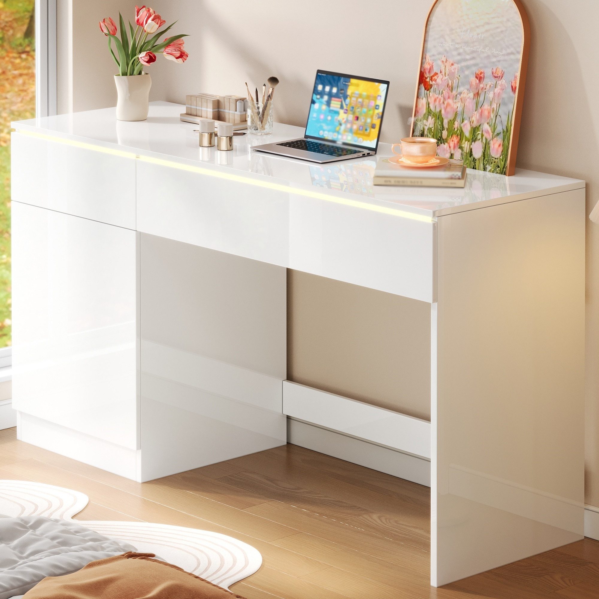 Flieks Schreibtisch Computertisch Arbeitstisch Bürotisch mit LED-Beleuchtung (120x50x78 cm, 1-St., 1 Tisch), Multifunktionstisch mit 2 Schublade und 1 Türen hoc – Bild 5 von 5
