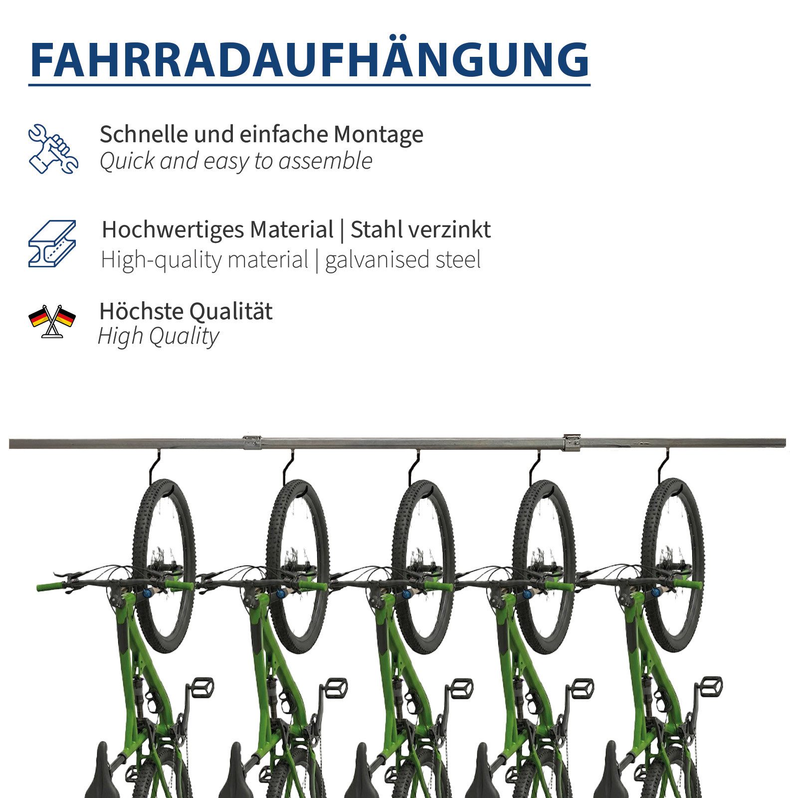 ATTAS Fahrradhalter Aufhängung Schiene, 5 Laufwagen mit Fahrradhaken, Verzinkter Stahl (Set, 1-2M Länge), Fahrradaufhängung – Bild 5 von 5