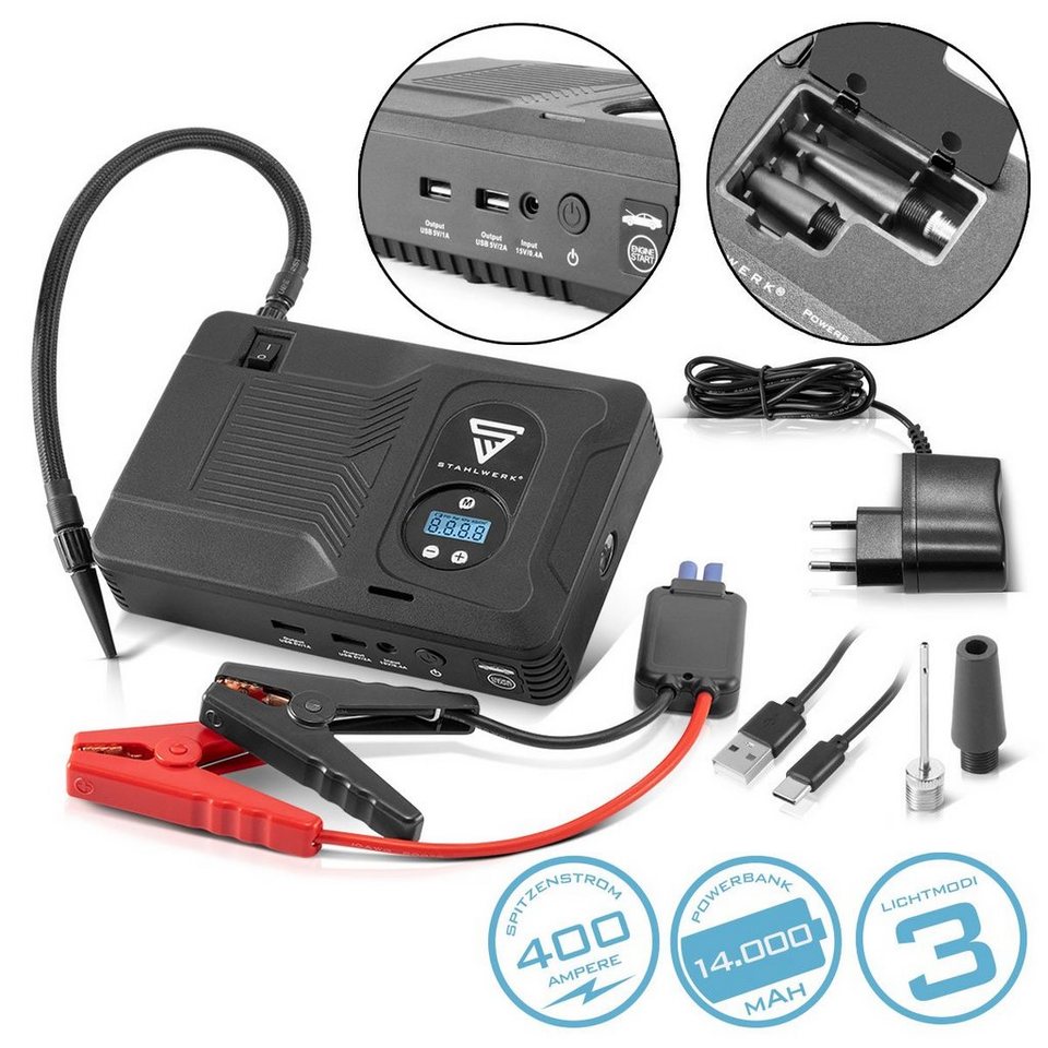 PS-1400 Powerbank mA, Multifunktions (400 Ladegerät ST Packung, 8-tlg) Autobatterie- Autostarthilfe STAHLWERK