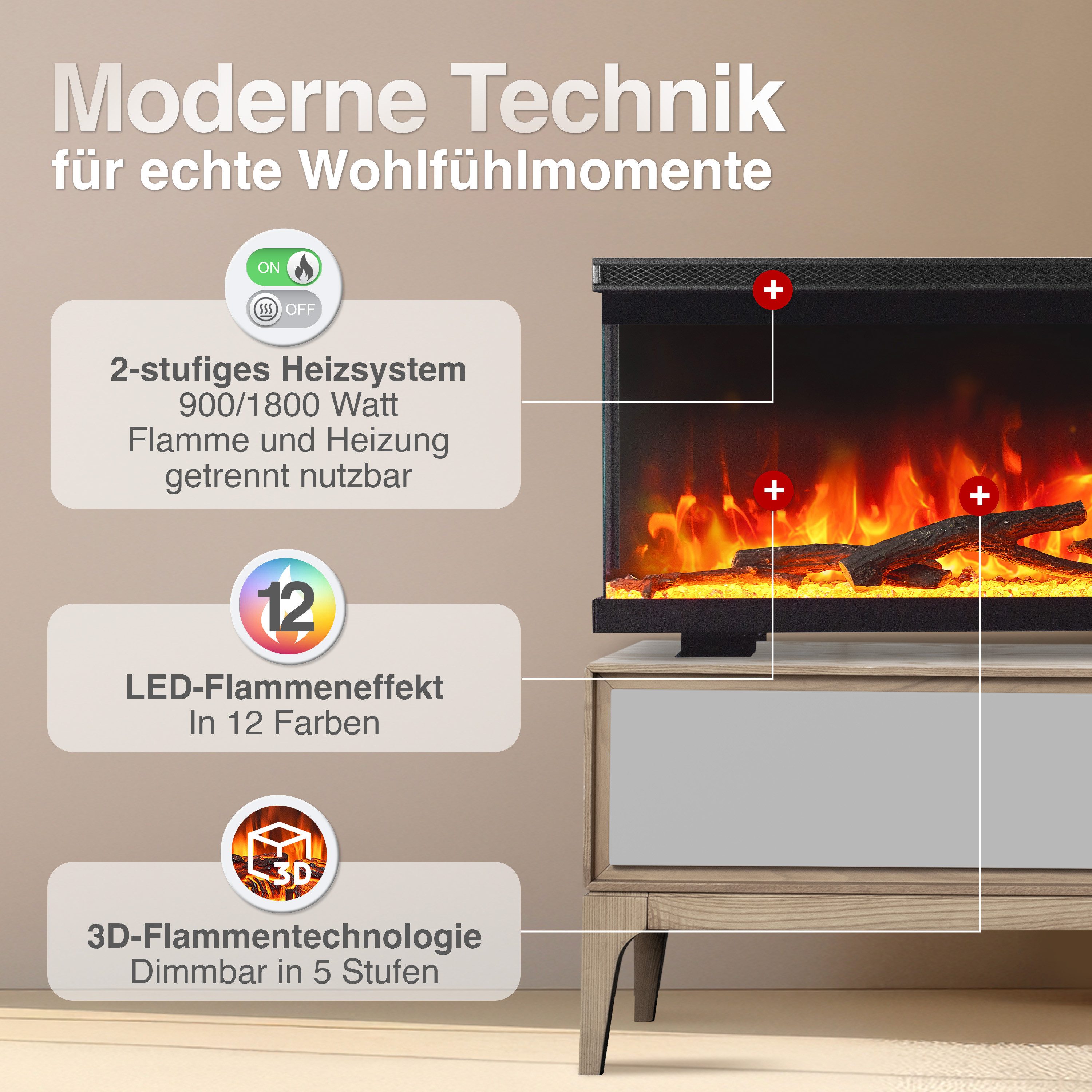 KAMINIO Elektrokamin LEA, 3in1 Kamin: Elektrischer Stand-, Wand- und Einbaukamin, Panoramaview