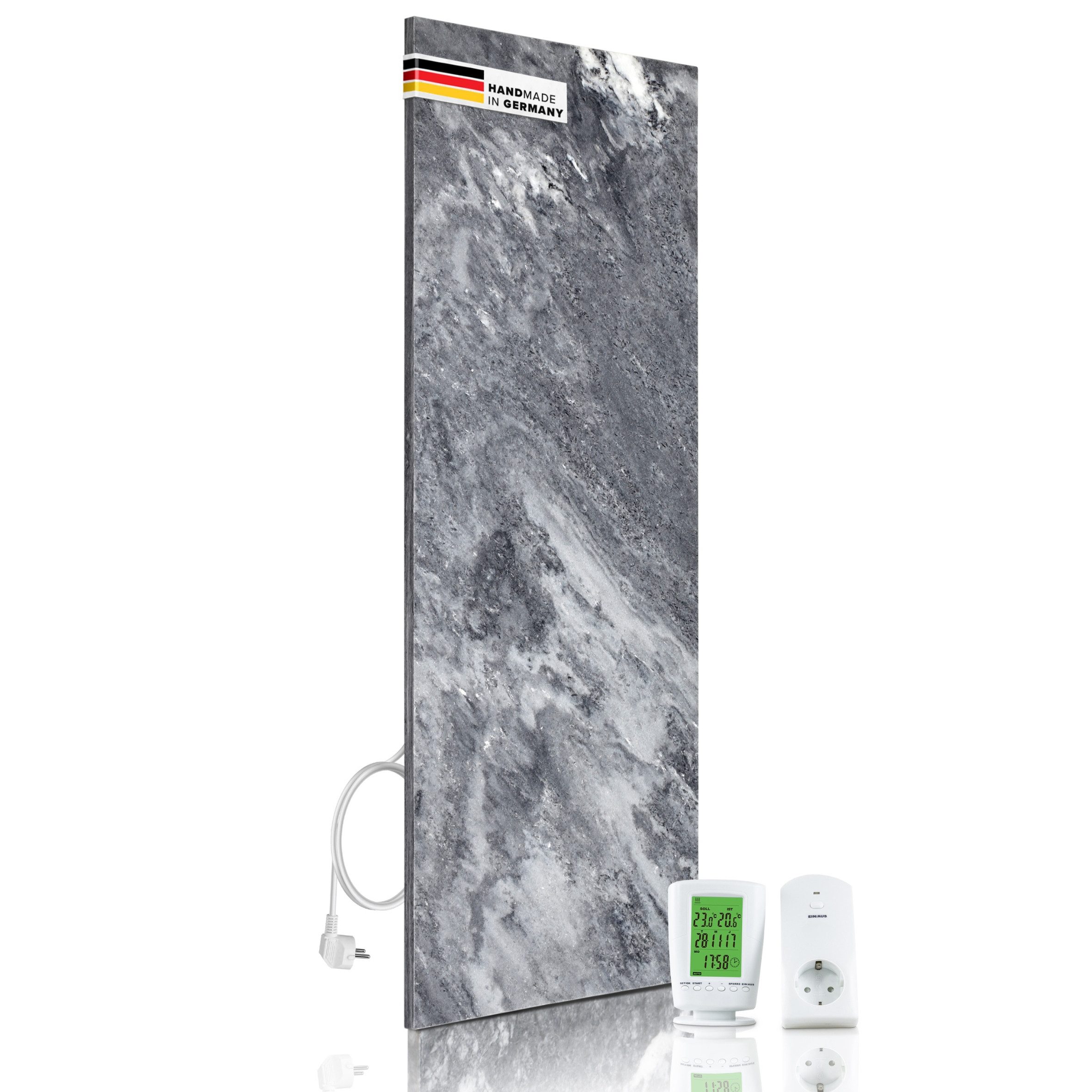 Marwona GmbH Infrarotheizung Naturstein-Infrarotheizung für Wandmontage mit Funk-Thermostat 800 W, 2 cm flach, IP34, Wärmespeicher, für Räume 10–25 m² – Shadow Grey