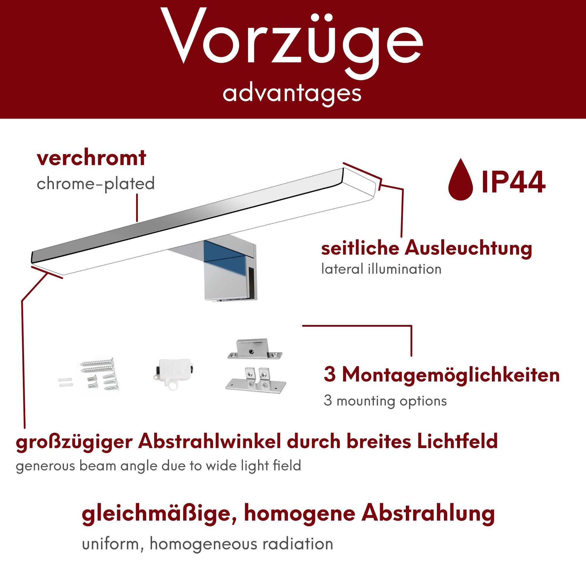 kalb LED Spiegelleuchte Aurinko LED Badleuchte Badlampe Spiegellampe, chrom 230V, 300mm neutralweiß, neutralweiß – Bild 4 von 5