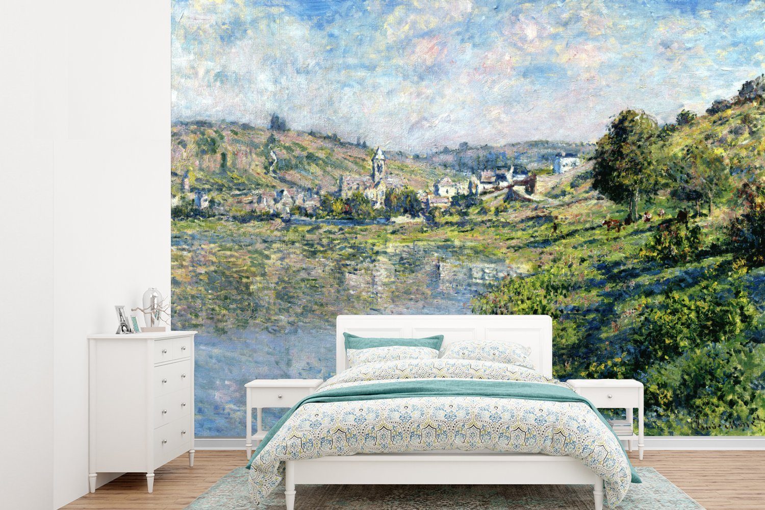 MuchoWow Fototapete Landschaft bei Vetheuil - Gemälde von Claude Monet, Matt, bedruckt, (6 St), Montagefertig Vinyl Tapete für Wohnzimmer, Wandtapete