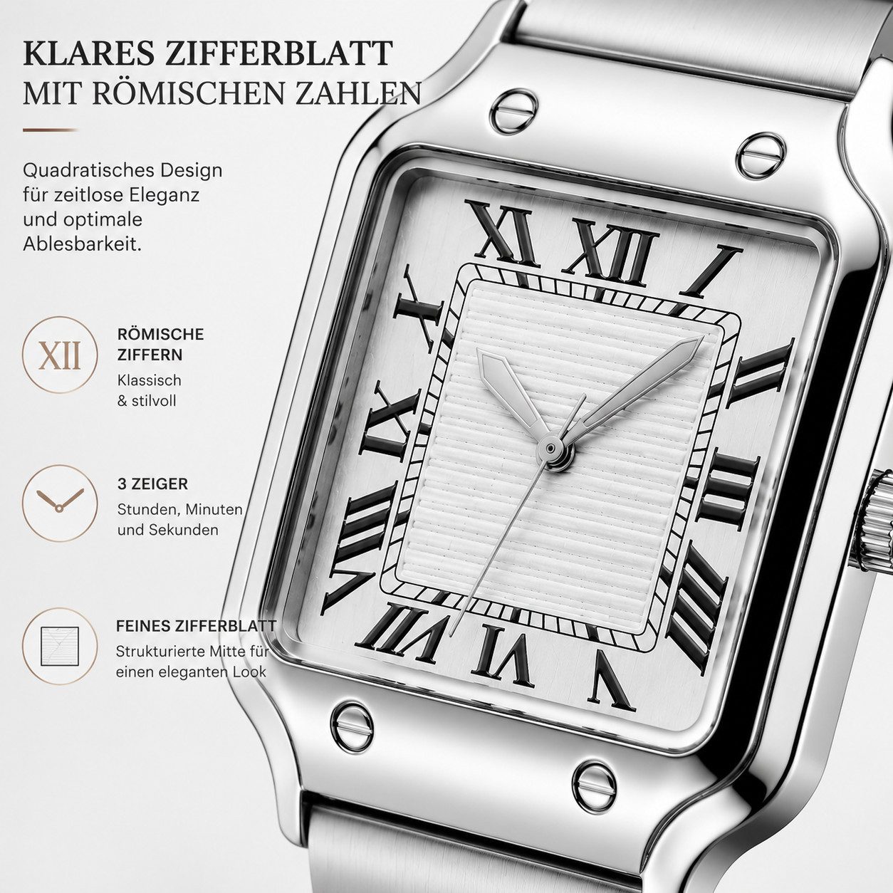 Forrlite Quarzuhr Quarzuhr Herren, Edelstahl-Armbanduhr mit quadratischem Zifferblatt, Herren-Quarzuhr mit Edelstahlarmband, römischen Ziffern, 3 ATM, Armbandkürzer