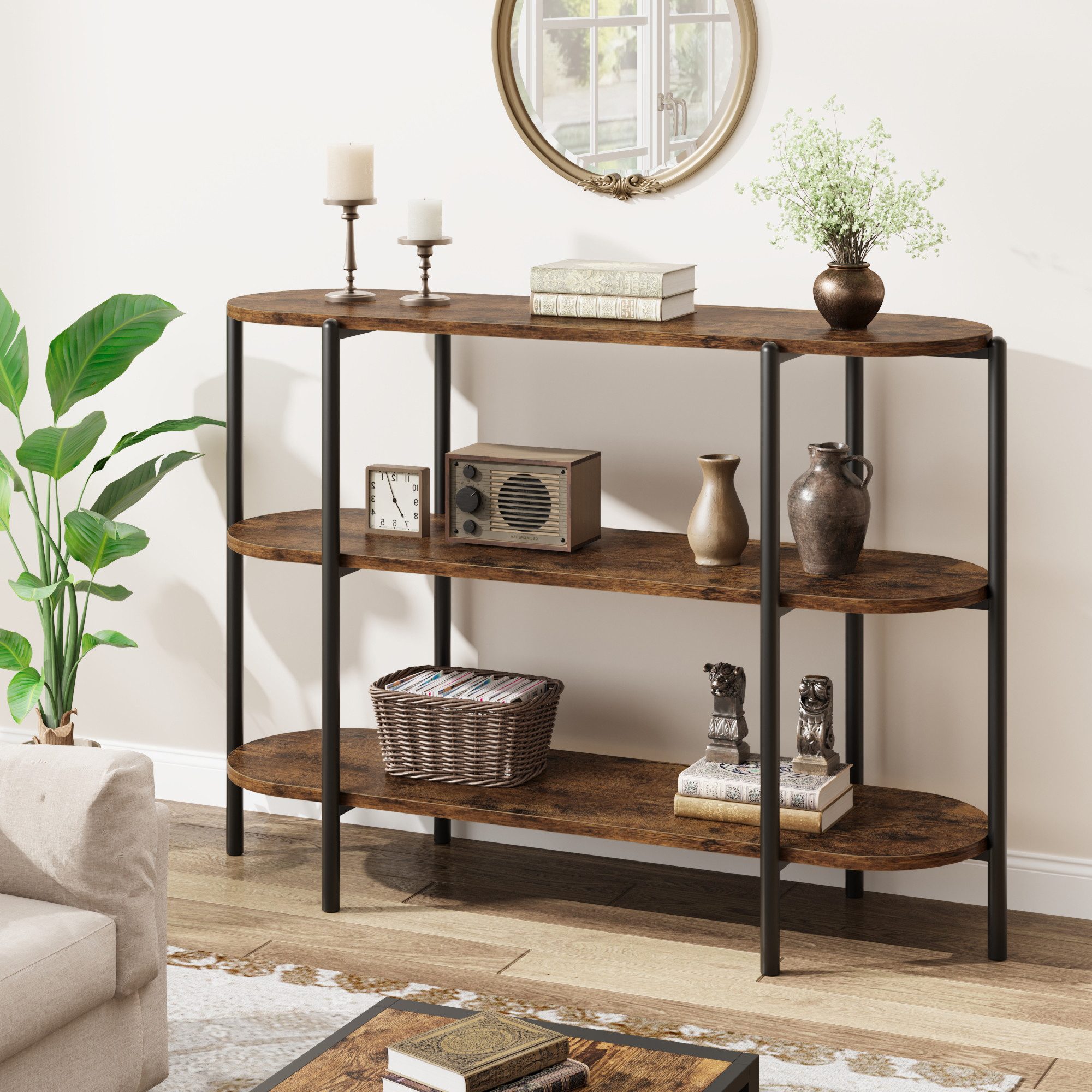 GarveeMore Konsolentisch 3-stöckiger ovaler Beistelltisch mit offenen Regalfächern, schmales Sideboard mit stabilem Metallgestell im Industrie-Design