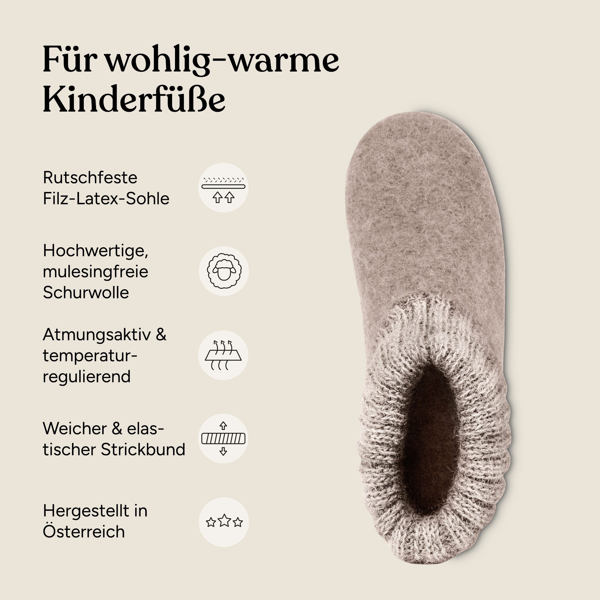Ehrenkind Gemütliche Kinder-Hausschuhe aus reiner Schurwolle, Rutschfest Hüttenschuhe (atmungsaktiv & temperaturregulierend, Hüttenhausschuhe, Hüttenschuhe Kinder, Hüttenschuhe) ideal für Kindergarten, Schule und zu Hause
