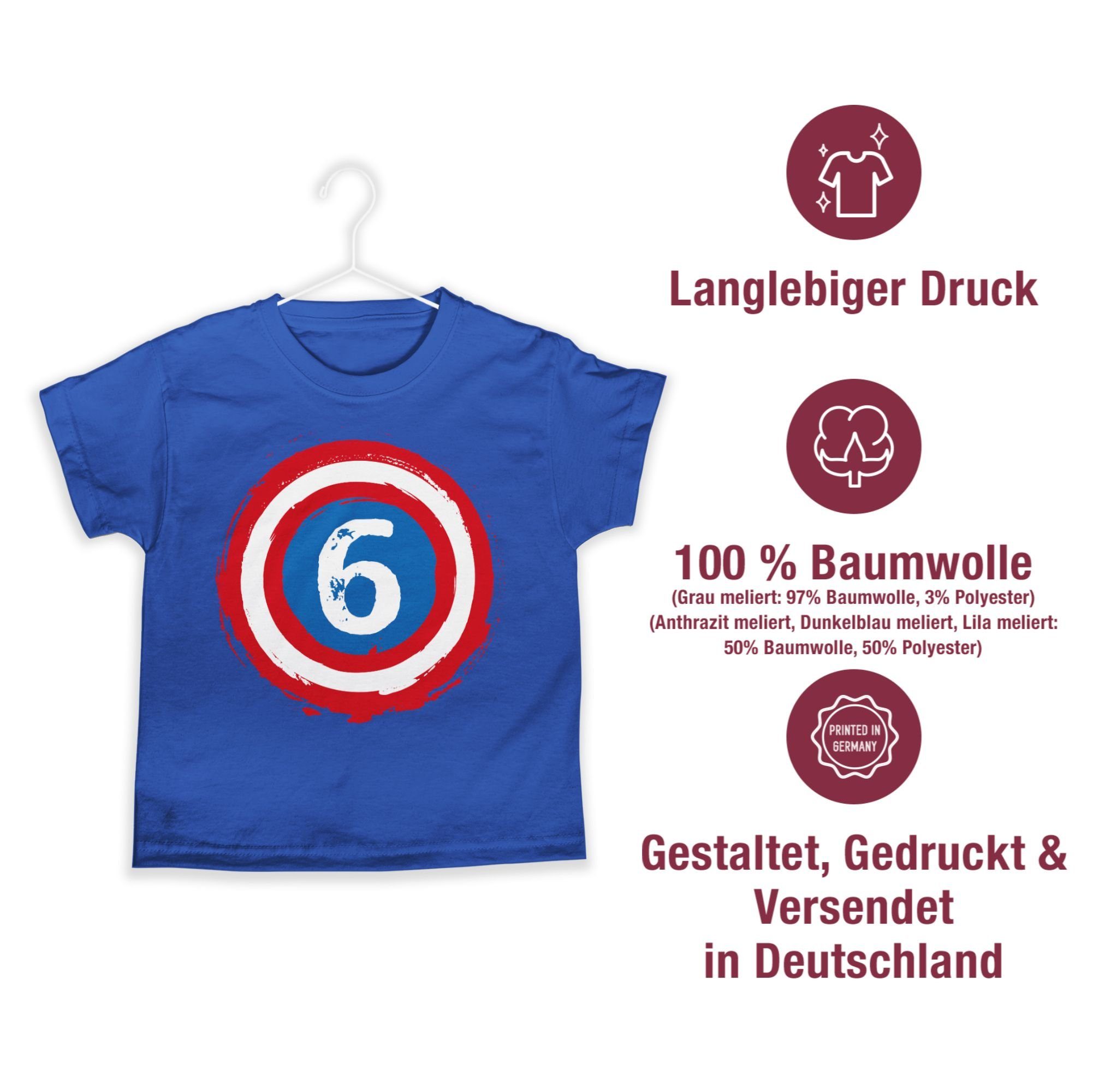 Shirtracer T-Shirt Superhelden 6. Sechs 2 Schild Geburtstag Royalblau