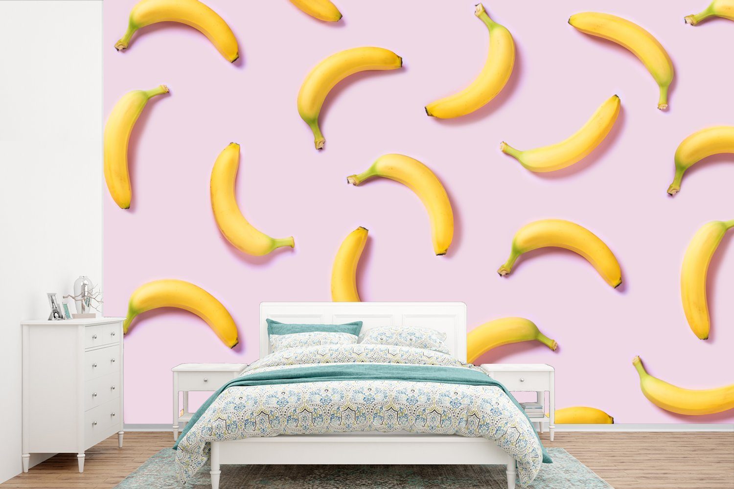 MuchoWow Fototapete Banane - Rosa - Pastell, Matt, bedruckt, (6 St), Wallpaper für Wohnzimmer, Schlafzimmer, Kinderzimmer, Vinyl Tapete