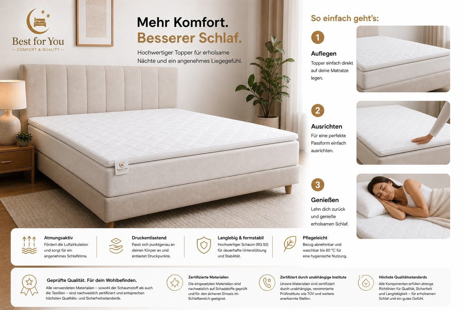 Matratzenauflage Visco Topper RG50 Memory Foam Orthopädische Matratzenauflage H2,5 Best for You, orthopädische Unterstützung, ergonomische Körperanpassung
