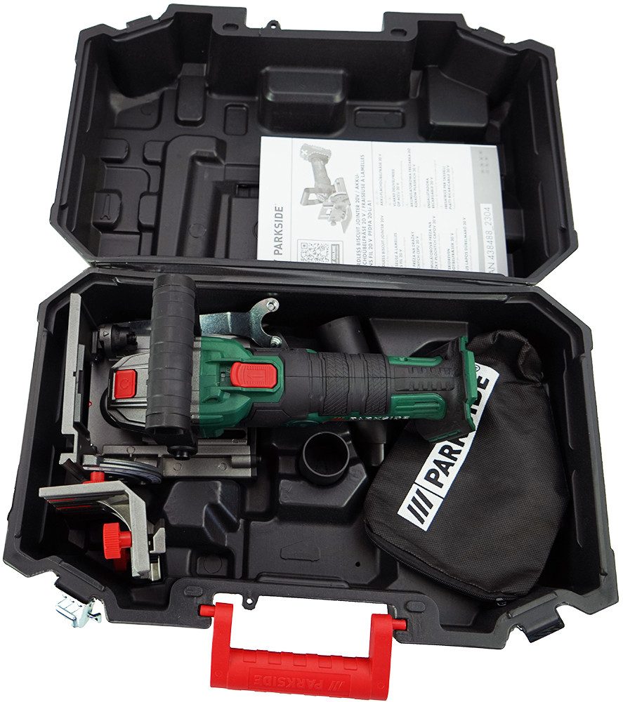 Parkside Flachdübelfräse 20V Akku Flachdübel Fräse PFDFA 20 - ohne Akku und Ladegerät, Sauberes Arbeiten durch Staubfangbeutel