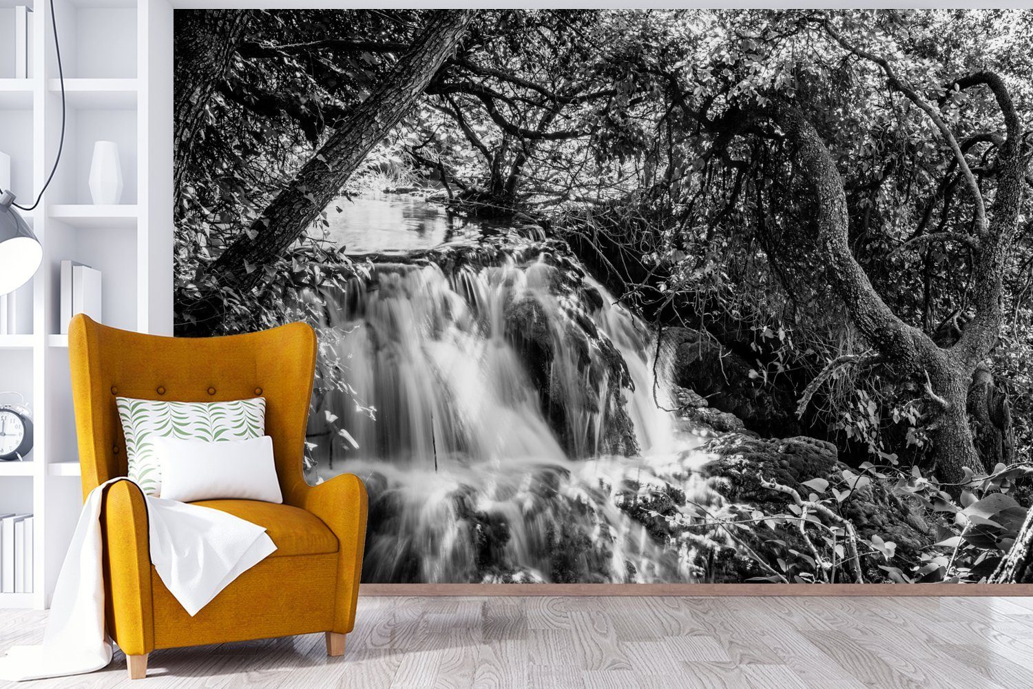 bedruckt, MuchoWow des Nationalparks Fototapete Krka Schwarz-Weiß-Ansicht für Wohnzimmer, Kroatien, Kinderzimmer, Tapete (6 Schlafzimmer, in Wallpaper Vinyl St), Matt,