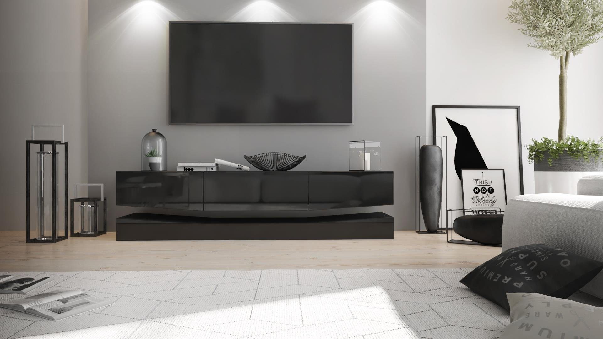 Vladon Lowboard City (TV-Kommode mit Sockelelement, 1 offenem Fach und 3 Schubkästen), Schwarz matt/Schwarz Hochglanz (178 x variabel x 39 cm)