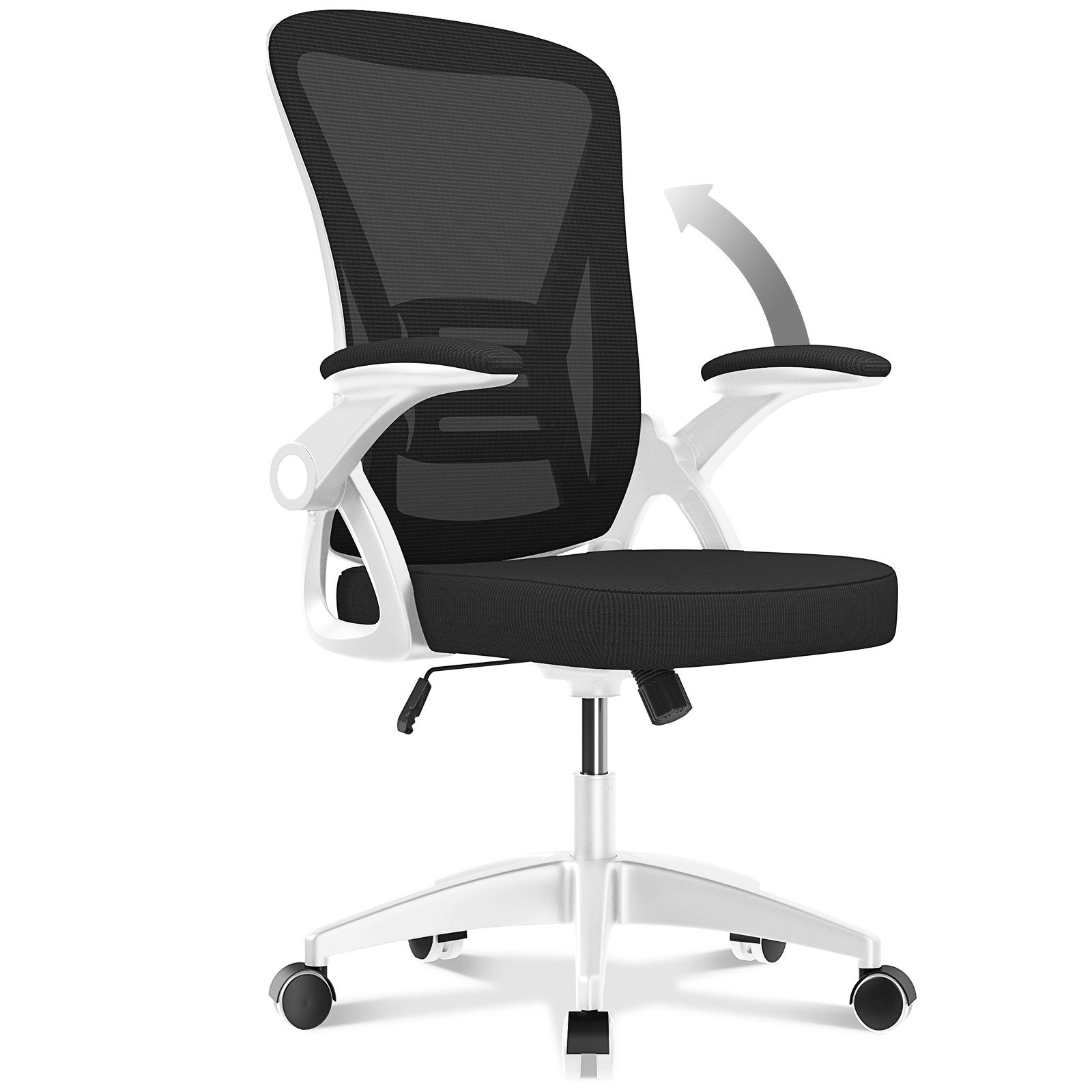 BIGZZIA Bürostuhl Ergonomischer Sitz, Sessel mit 90° klappbarer Armlehne, Lordosenstütze, höhenverstellbar