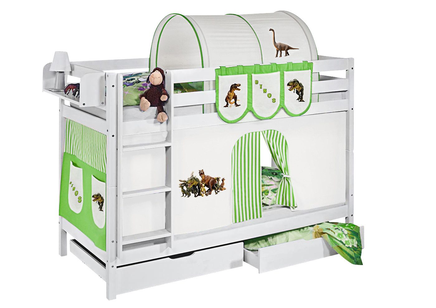 Lilokids Etagenbett JELLE Dinos - Hochbett - weiß - inkl. Vorhang und 2 Lattenrosten