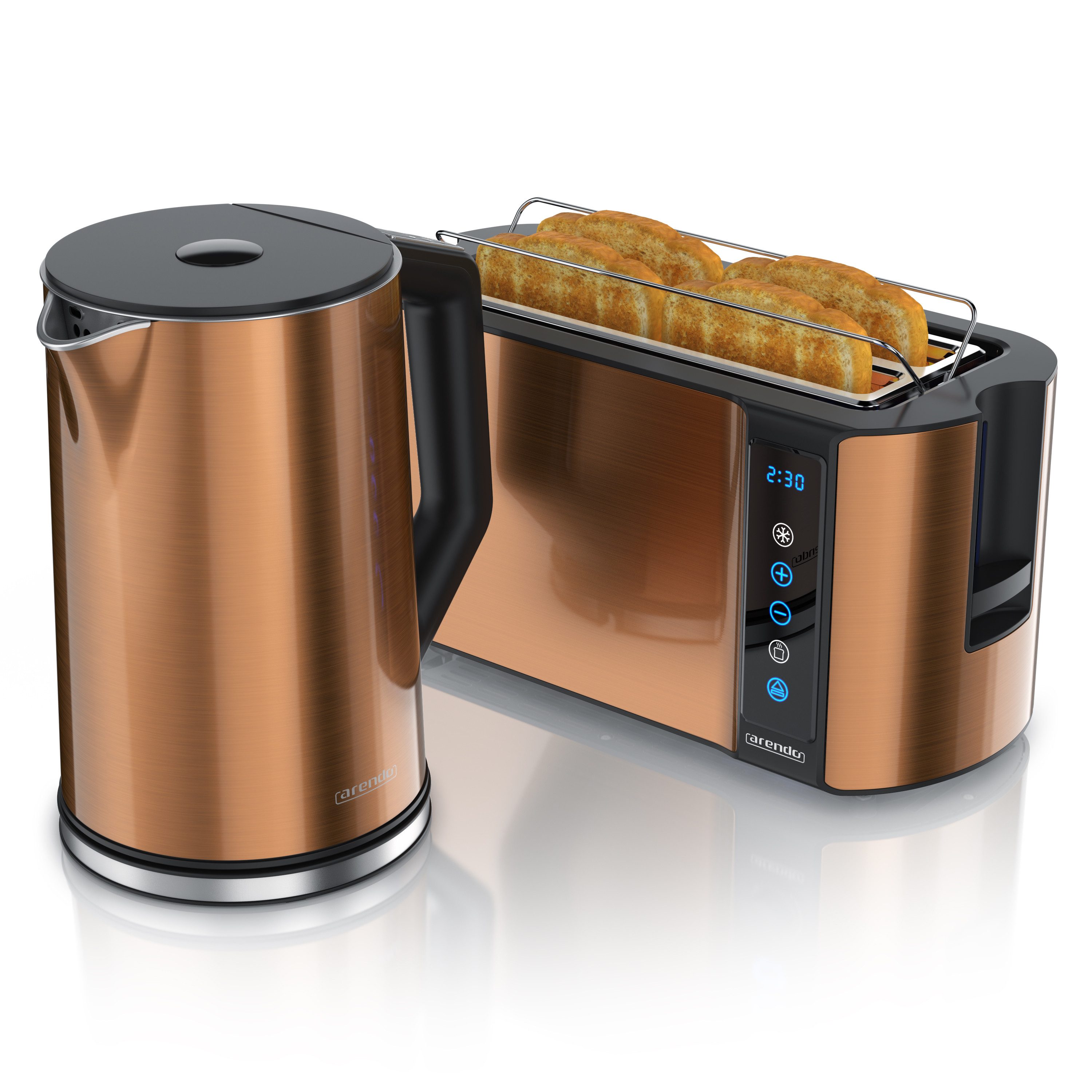 Arendo Frühstücks-Set Edelstahl Wasserkocher 1,5l, 4-Scheiben Langschlitz Toaster, kupfer (2-tlg), Wasserkocher mit Temperatureinstellung, Toaster Brötchenaufsatz, Touch