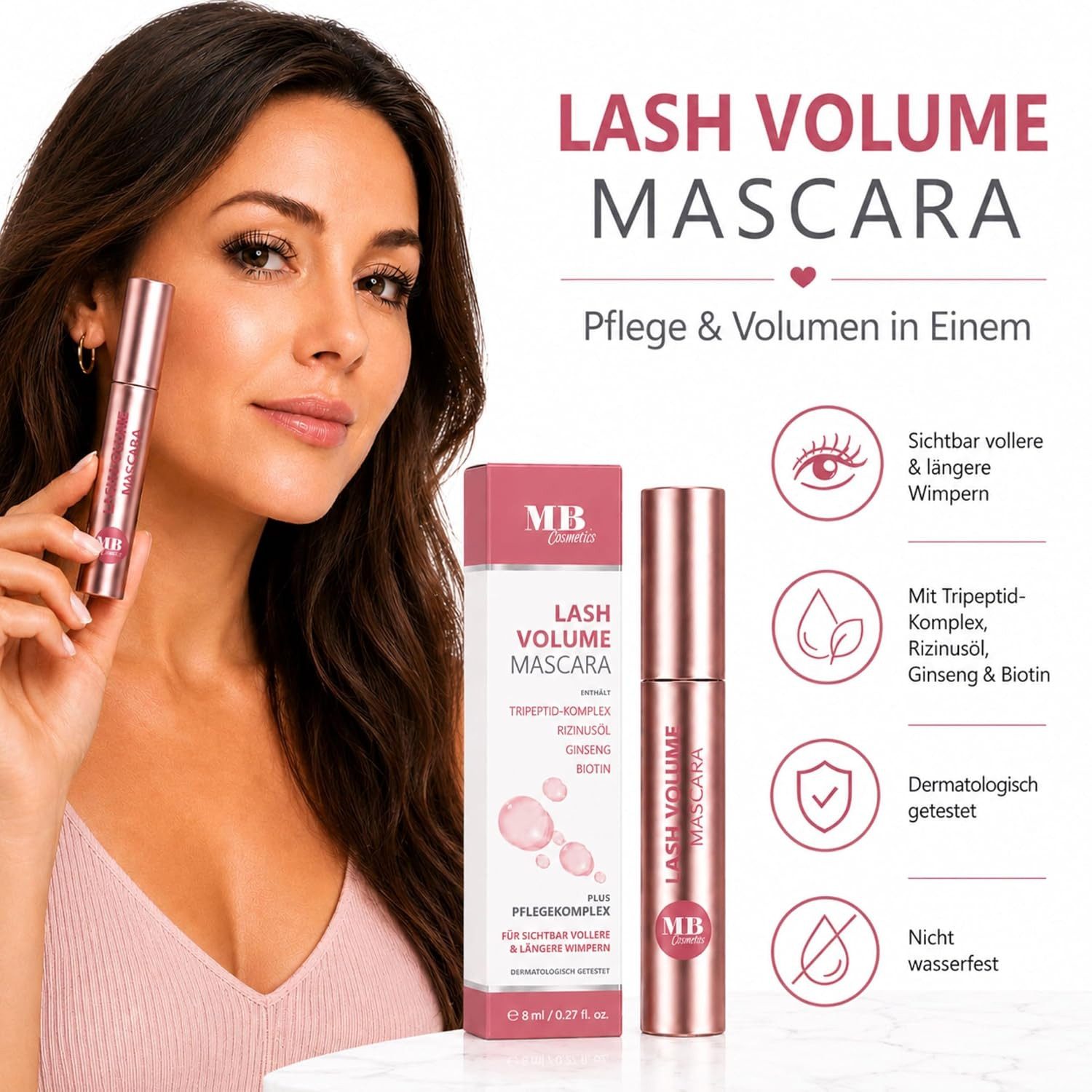 Medical Beauty Cosmetics Mascara Schwarz mit Serumeffekt - Lash Volume Wimperntusche, 8 ml, pflegend mit Tripeptid-Komplex & Biotin für lange Wimpern, Vegan