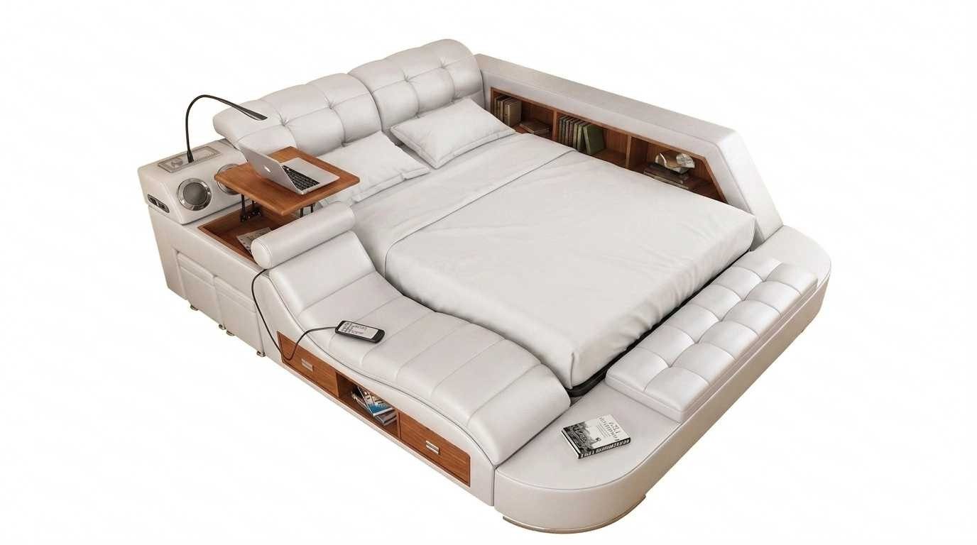 Xlmoebel Multimediabett Luxus Multifunktionsbett mit Stauraum und elegantem Design (1-tlg., 1-tlg), Bluetooth-Soundsystem, Ausziehbarer Tisch, Hocker mit Truhe