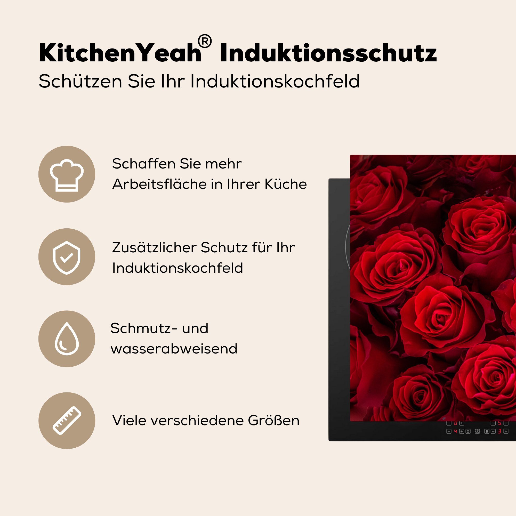 - MuchoWow Induktionskochfeld Herdblende-/Abdeckplatte Blumen Vinyl, - für (1 Schutz 81x52 küche, tlg), Rot, die Rosen Ceranfeldabdeckung cm,