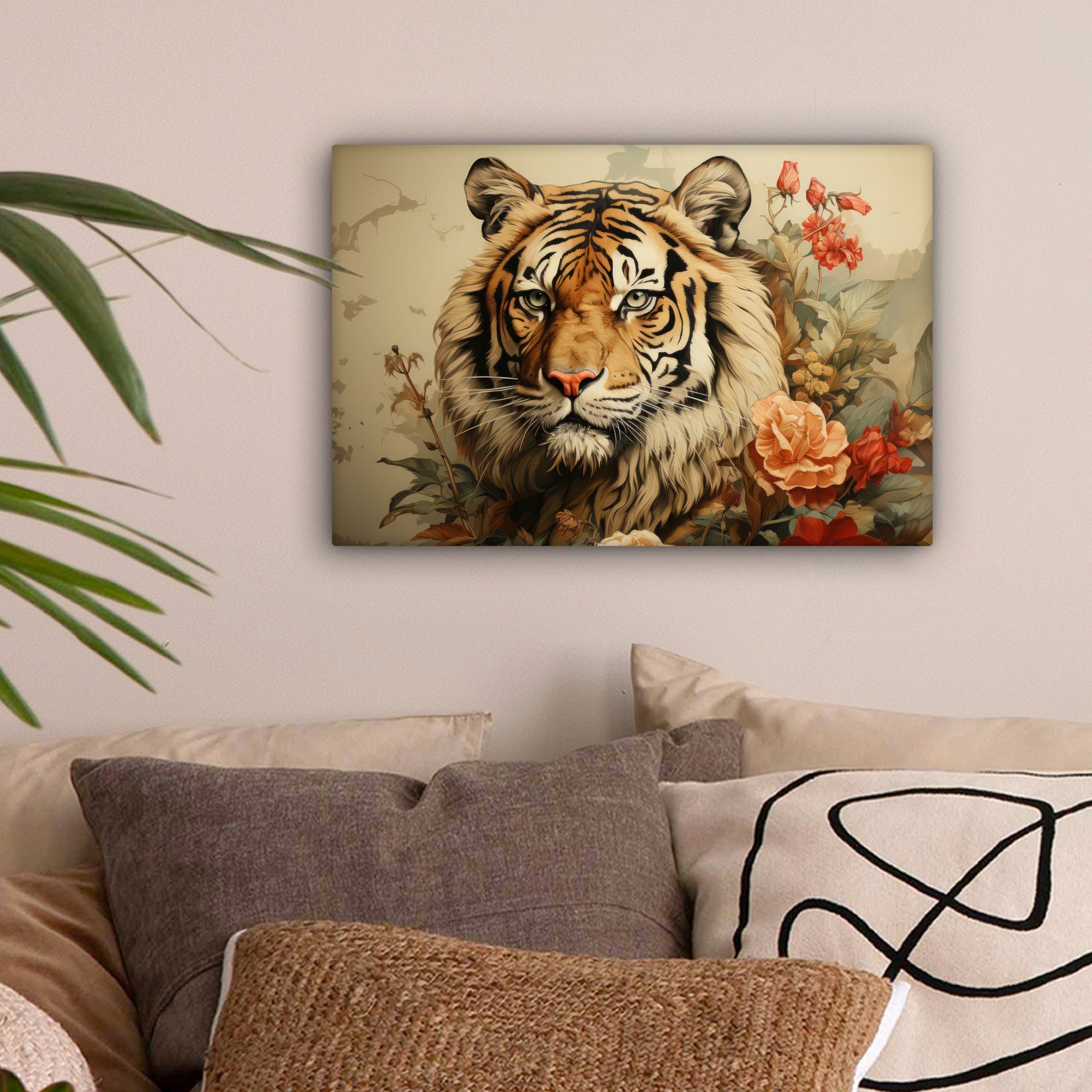 OneMillionCanvasses® Leinwandbild Vintage - Tiger - Blumen - Tiere - Weiß, günstig online kaufen