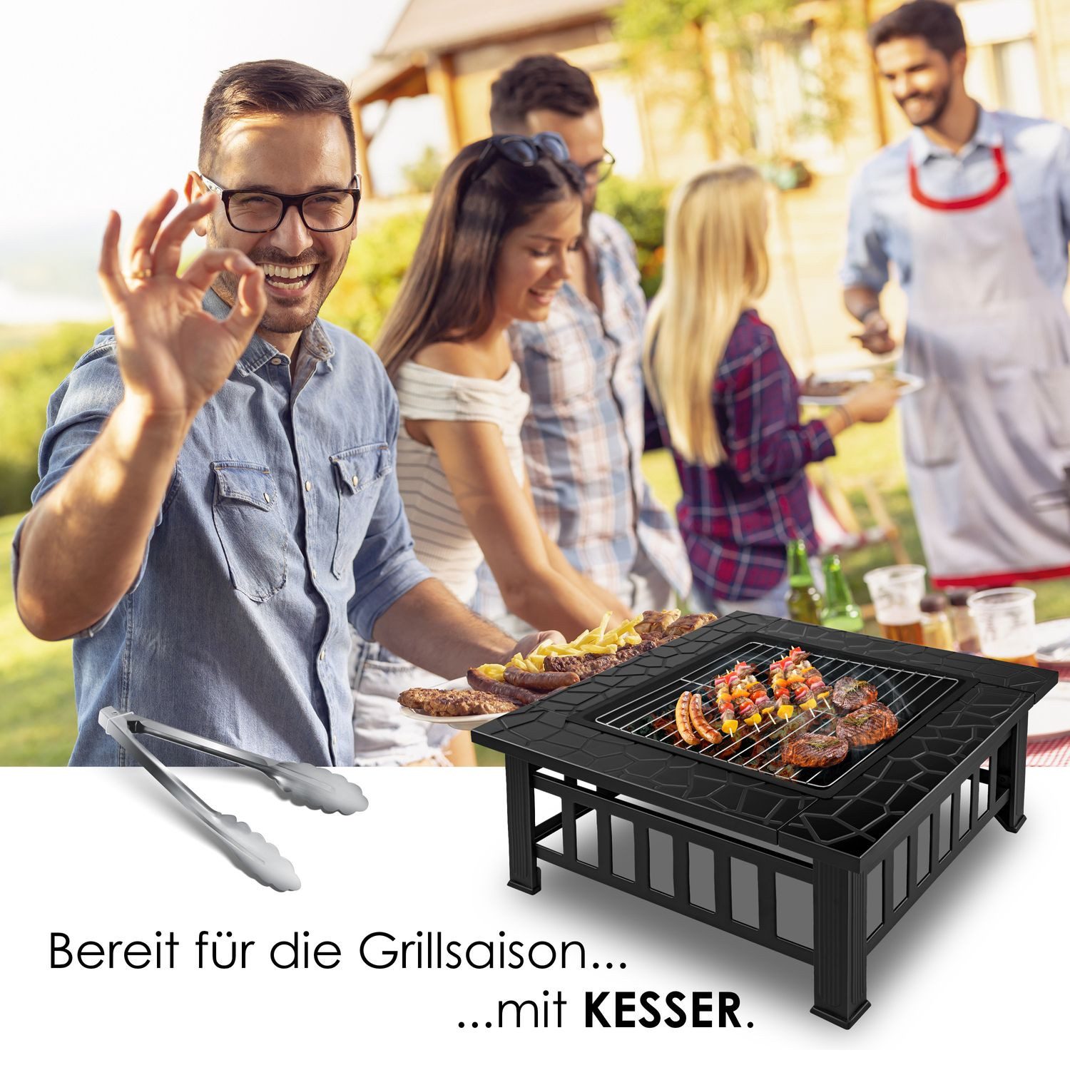 KESSER Feuerschale, Feuerstelle mit Grillrost Grillzange Feuerschale 82x82x50 cm