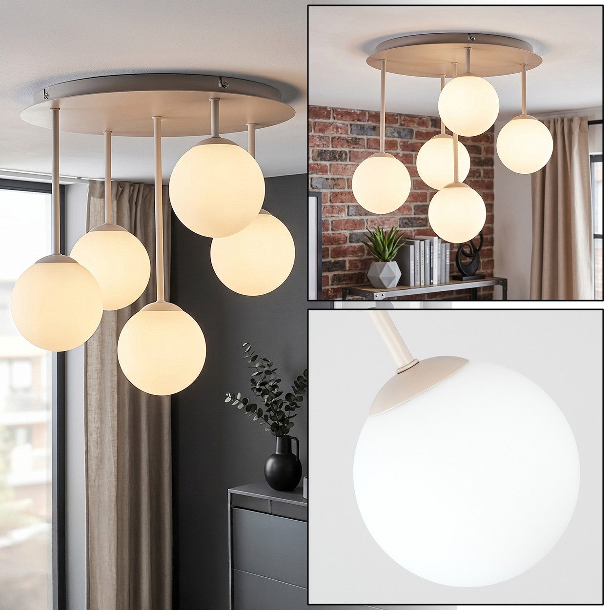 hofstein Deckenleuchte Deckenlampe aus Metall/Milchglas in Sandfarben/Weiß, moderne Deckenleuchte im Retro/Vintage/Boho-Design, 5 x G9