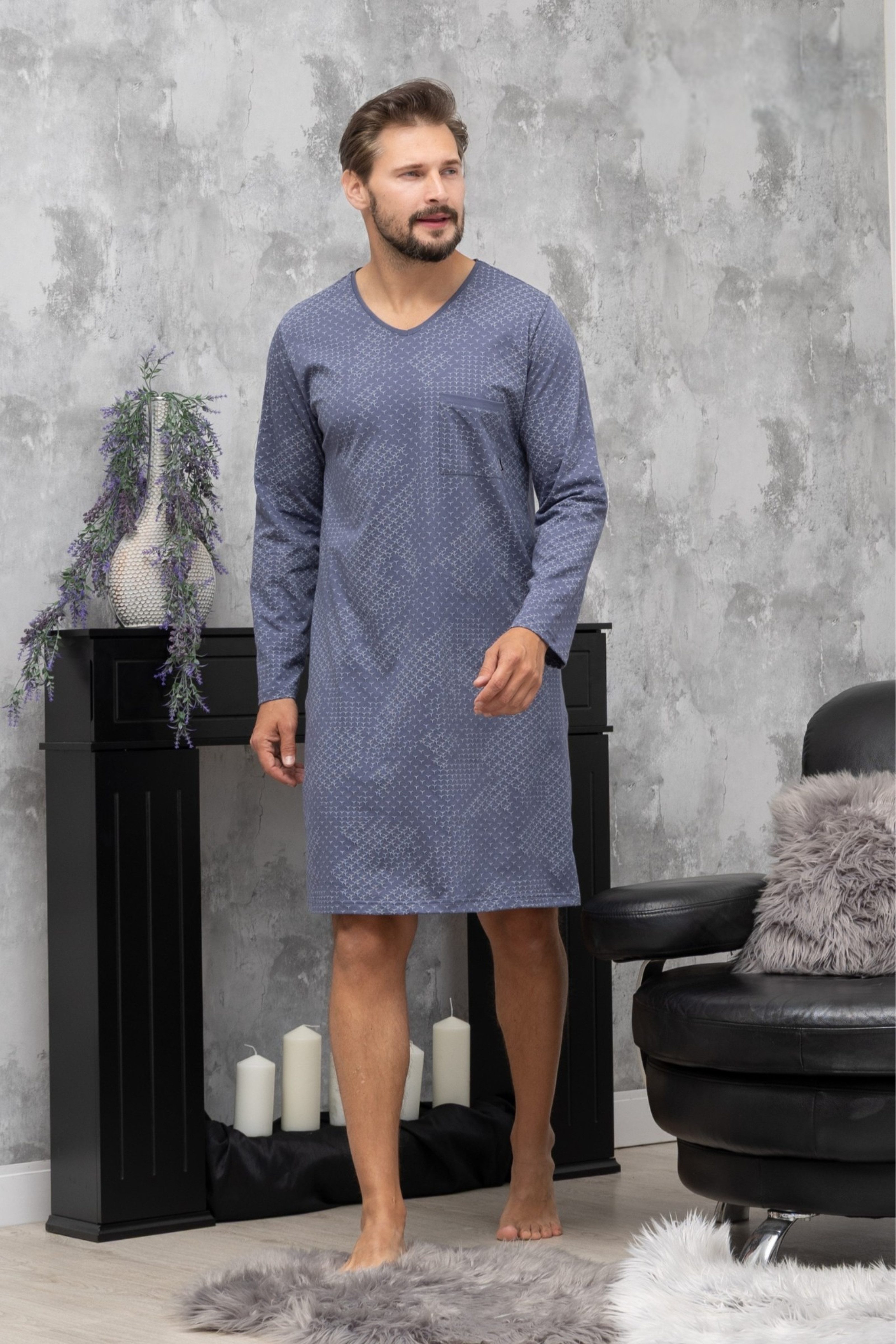 Nachthemd 100% Baumwolle, bequemes Nachthemd in Blau-Grau