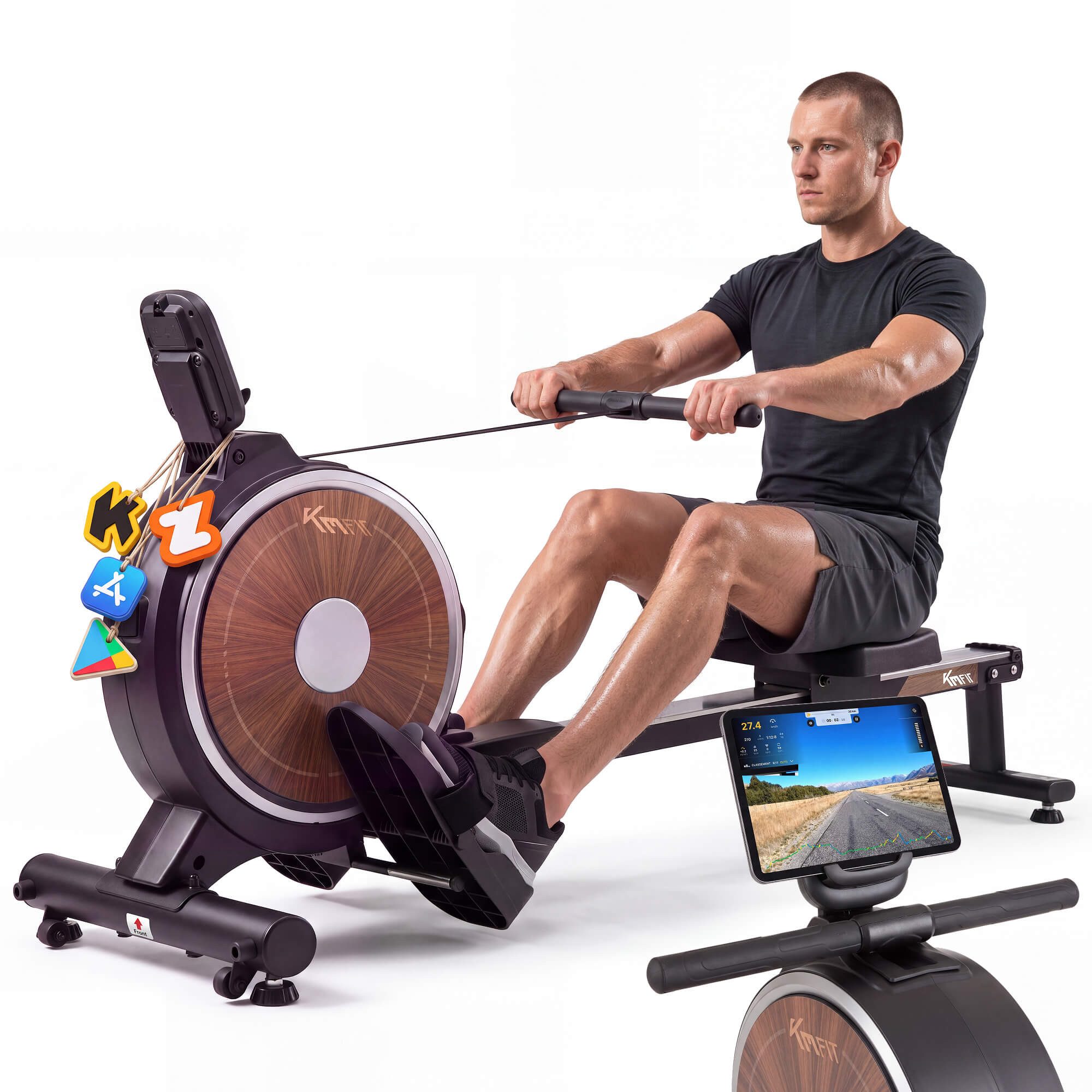KM - Fit Rudergerät Rudermaschine Magnetisch Bluetooth KINOMAP 120 kg Schwarz, Bluetooth FTMS, KINOMAP-kompatibel, vertikal aufstellbar