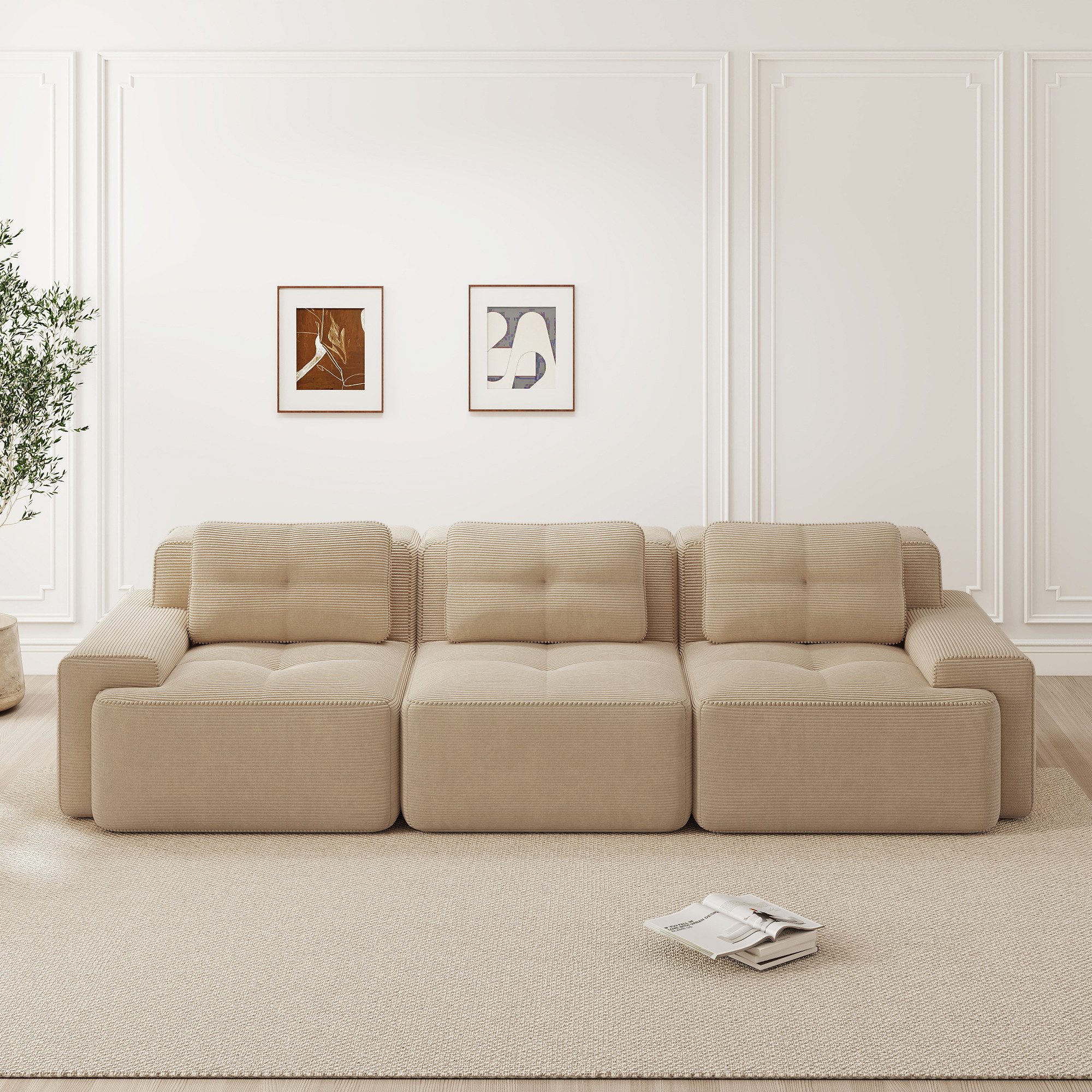 BBWL Sofa Cloud Modulsofa 3-Sitzer, Cordstoff, tiefes Sitzdesign, rahmenlos, 293 x 104 x 69 cm, flexibel kombinierbar, ohne aufwendige Montage