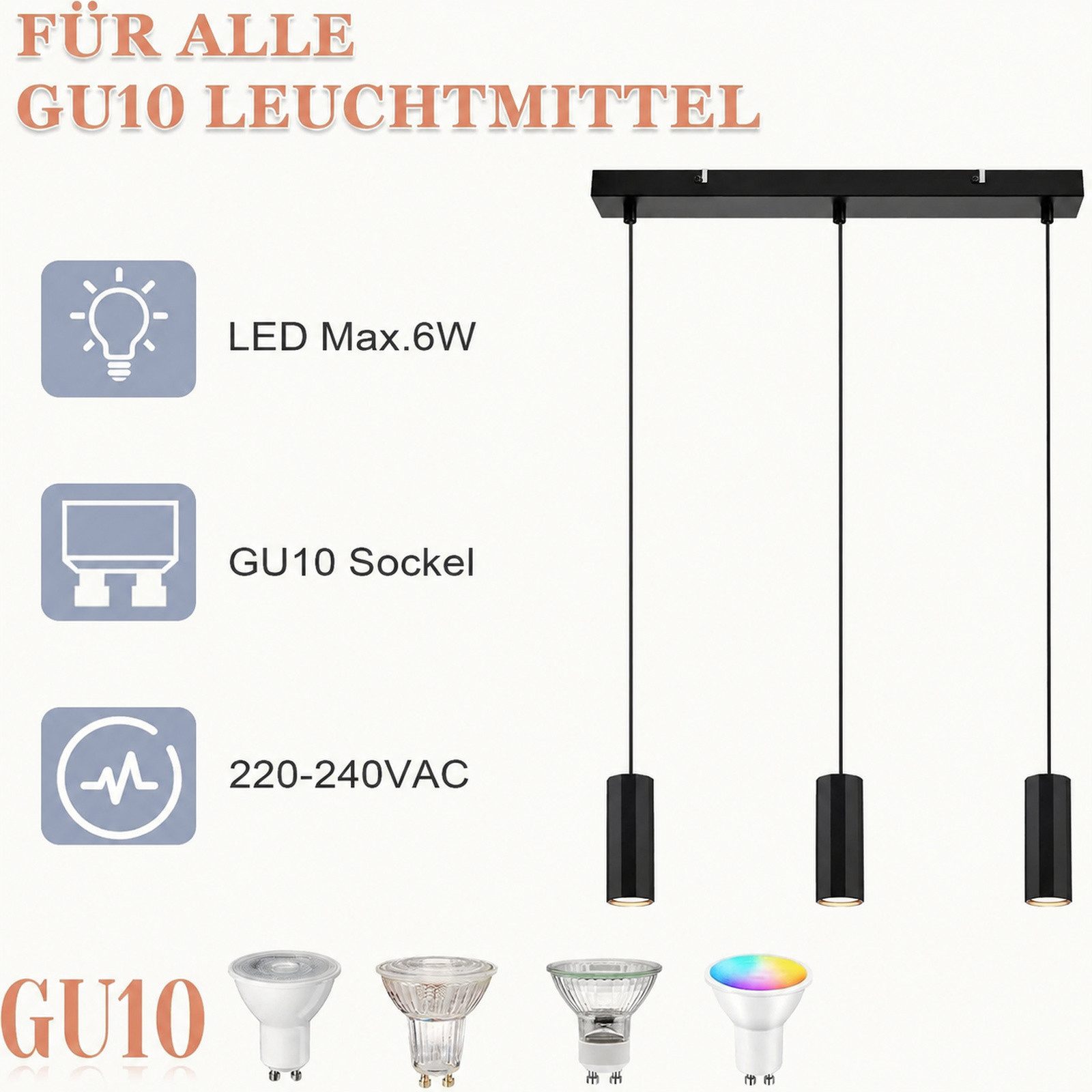 Nettlife Pendelleuchte Esstisch Modern Hängelampe 1/3/4flammig GU10 Pendellampe Schwarz, höhenverstellbar, ohne Leuchtmittel, für Esszimmer Wohnzimmer Küche Sch – Bild 5 von 5