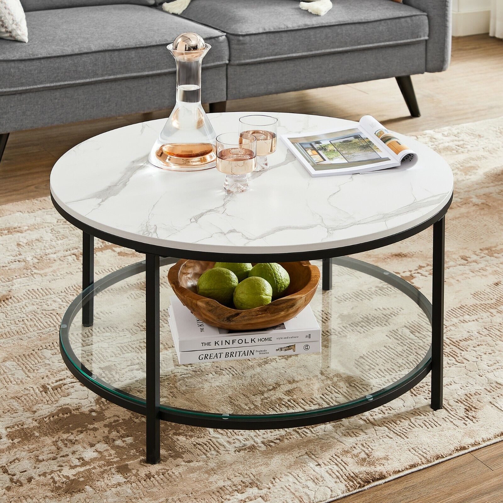 VASAGLE Couchtisch, Beistelltisch, Ø 65/80 x 46cm, Marmoroptik, Hartglasablage unten