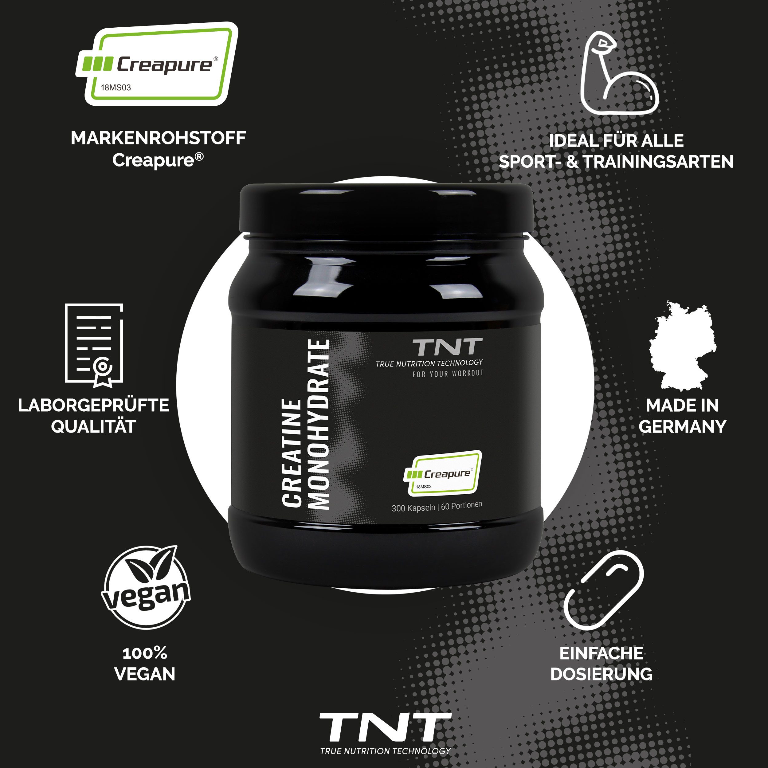 TNT (True Nutrition Technology) Creatine Kapseln (Creapure) - Made in Germany Kapseln, 300,00 St., 402 g