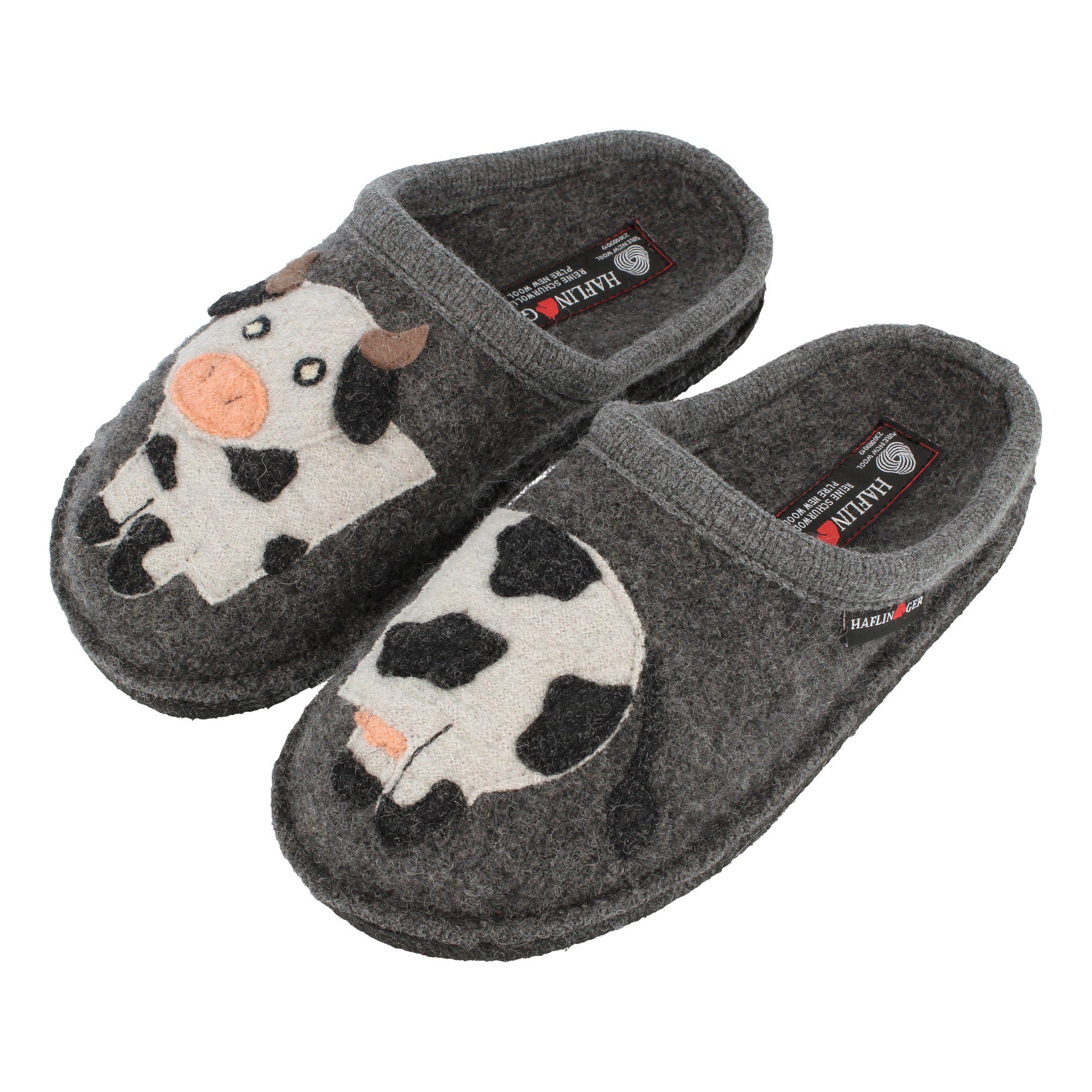Haflinger Flair Molly Pantoffeln aus gewalkter Wolle Kuhmotiv Unisex Hausschuh