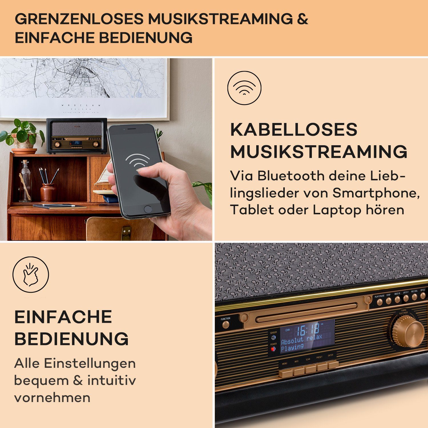 Auna Belle UKW-Radio, Retro-Radio Epoque Schwarz 1906 W) 5 und (DAB