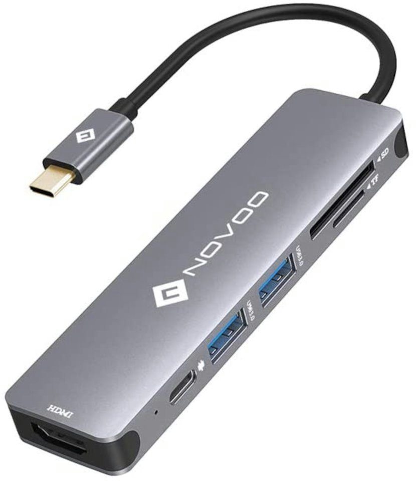 NOVOO 6 in 1 Adapter für technische Geräte, Anschlusserweiterung für den PC  USB-Adapter USB-C zu HDMI, USB 3.0 Typ A, USB-C PD, SD Kartenleser, TF  Kartenleser, Kompatibel mit Windows Laptop, Tablet, MacBook