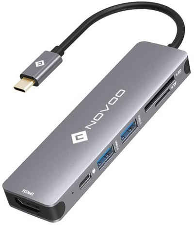 NOVOO 6 in 1 Adapter für technische Geräte, Anschlusserweiterung für den PC USB-Adapter USB-C zu HDMI, USB 3.0 Typ A, USB-C PD, SD Kartenleser, TF Kartenleser, Kompatibel mit Windows Laptop, Tablet, MacBook & Ipad