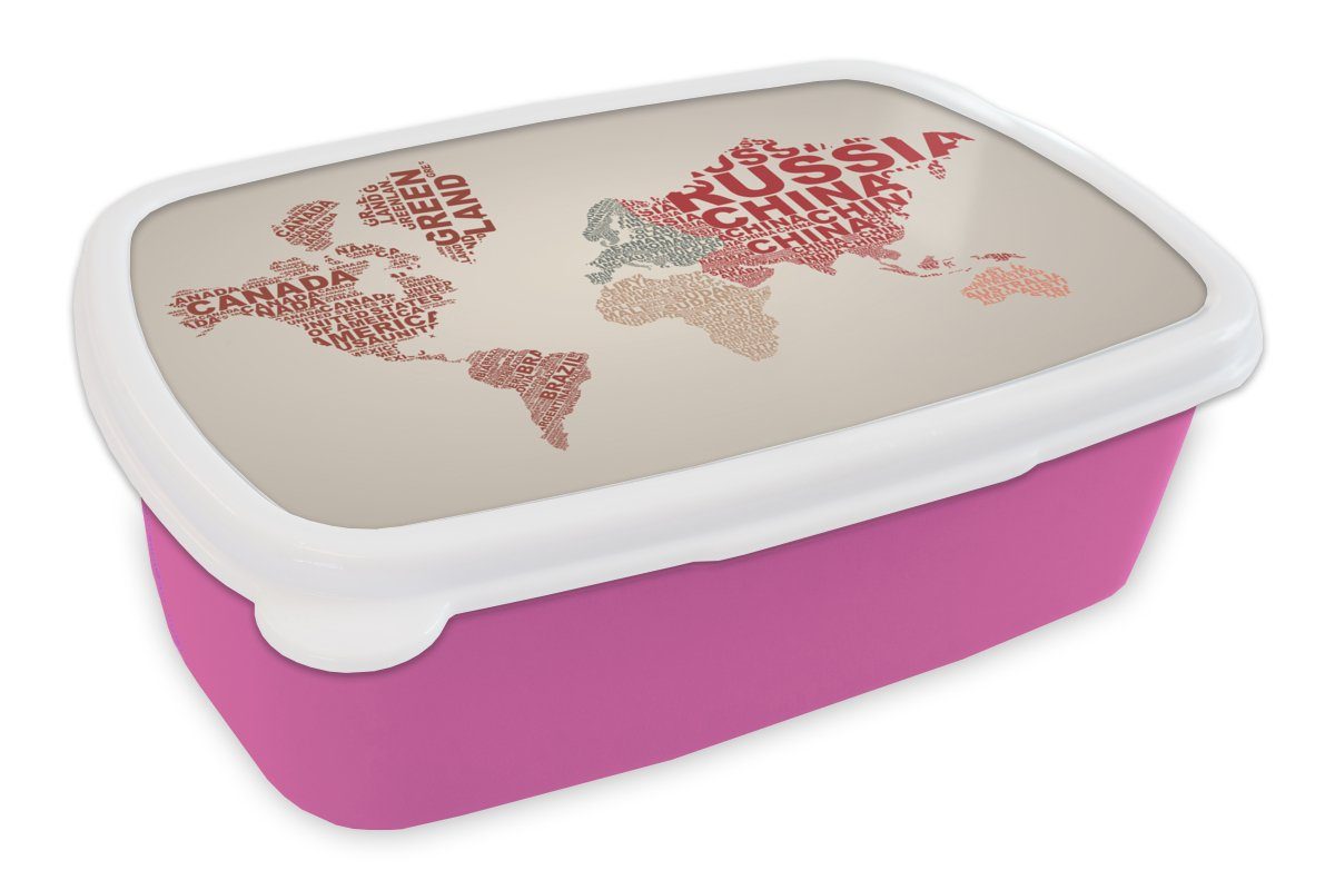 MuchoWow Lunchbox Weltkarte - Buchstaben - Farben, Kunststoff, (2-tlg), Brotbox für Erwachsene, Brotdose Kinder, Snackbox, Mädchen, Kunststoff rosa