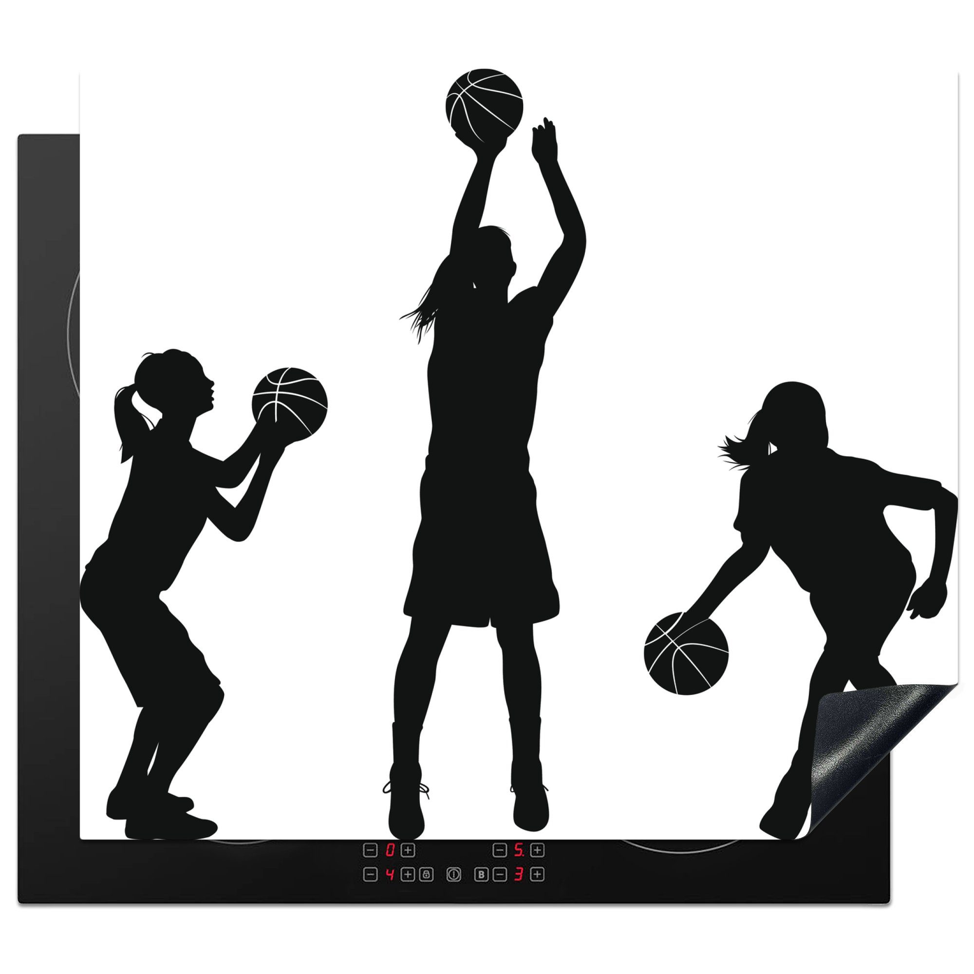 MuchoWow Herdblende-/Abdeckplatte Eine schwarz-weiße Illustration von drei Mädchen, die Basketball, Vinyl, (1 tlg), 60x52 cm, Mobile Arbeitsfläche nutzbar, Ceranfeldabdeckung